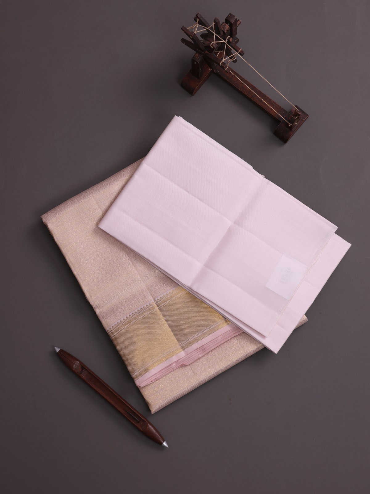 Light Pink Zari Brocade Silk Dhoti, Vasthram and Shirt Material With Zari Border