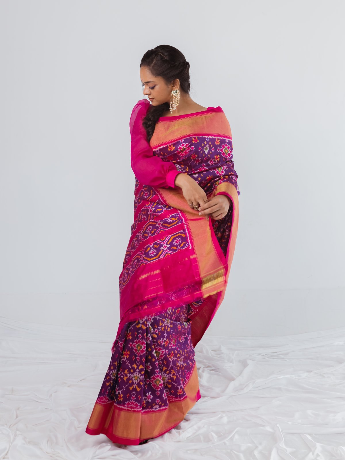 Purple Ikat Silk Saree With Pink Border