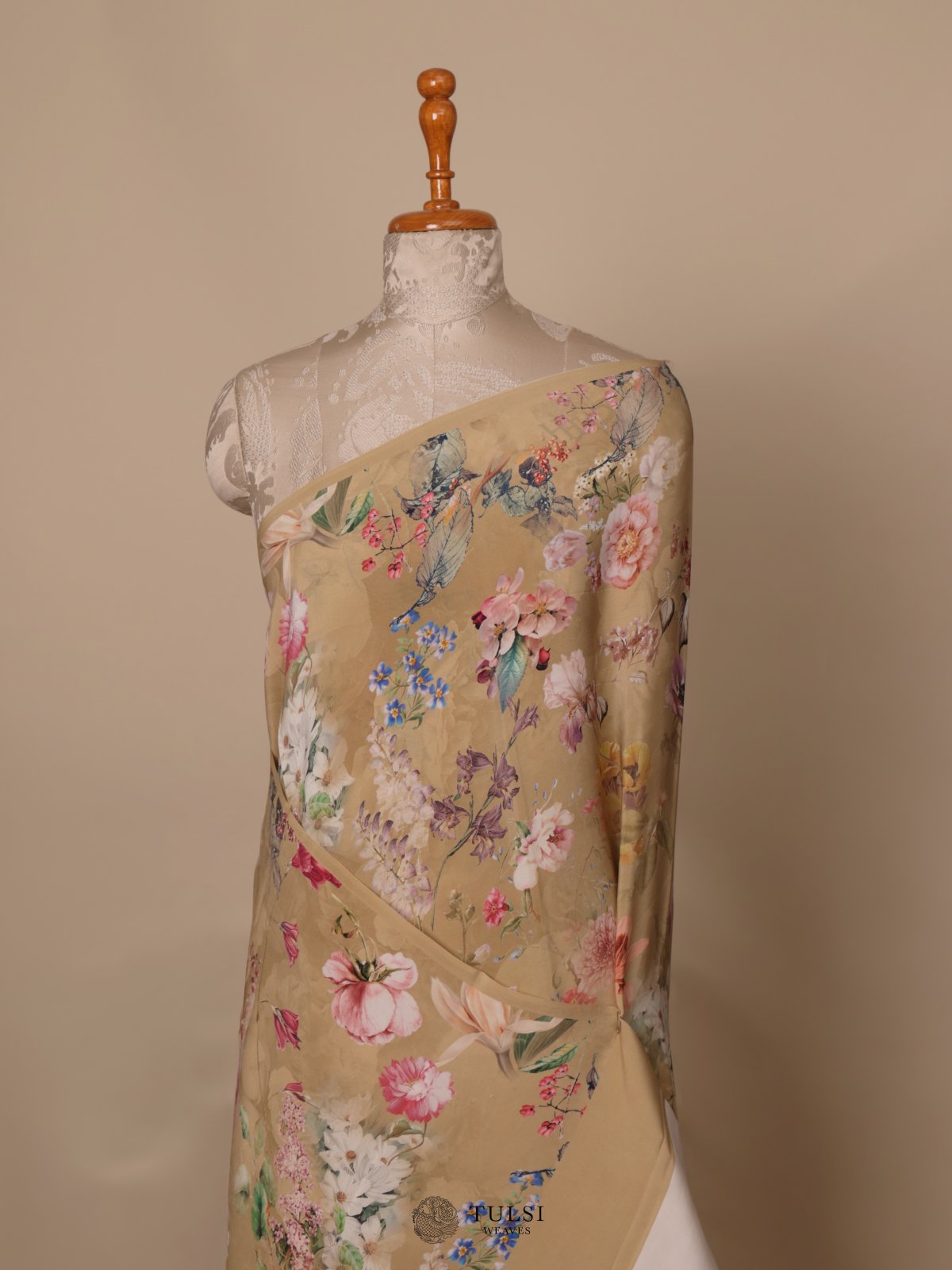 Light khaki Floral Printed Crepe Silk Saree