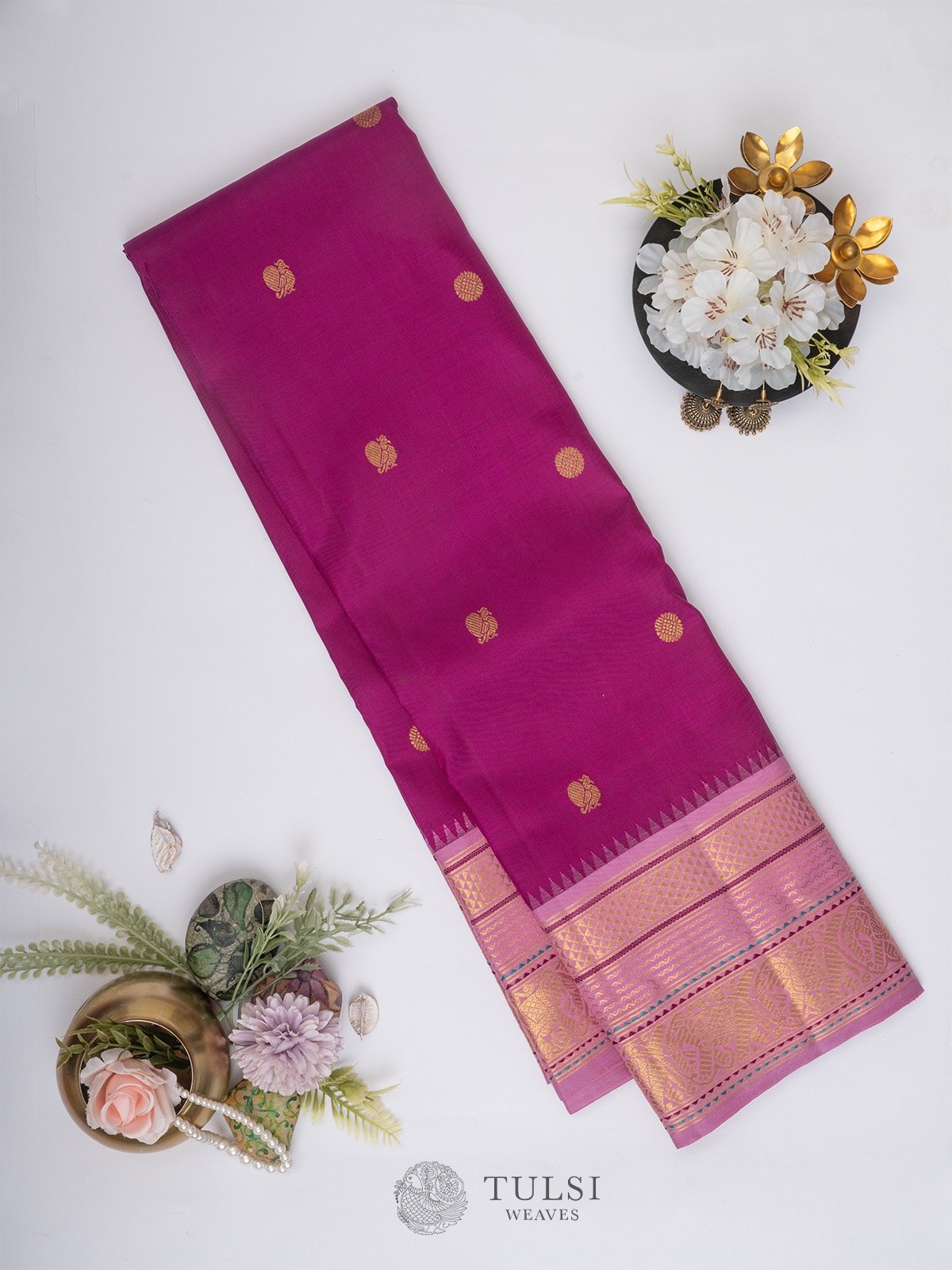 Purple Kanchipuram Silk Saree with Dusty Pink Border