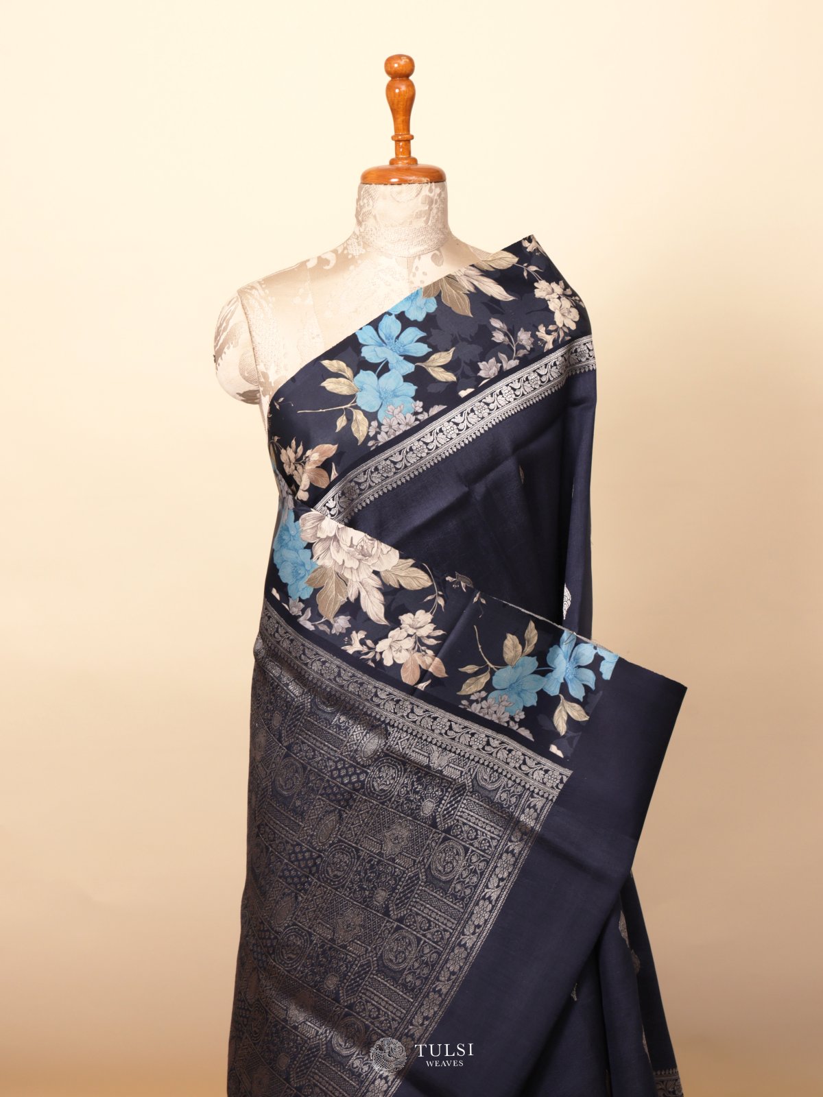 Navy Blue Banaras Tussar Georgette Silk Saree With Satin Border
