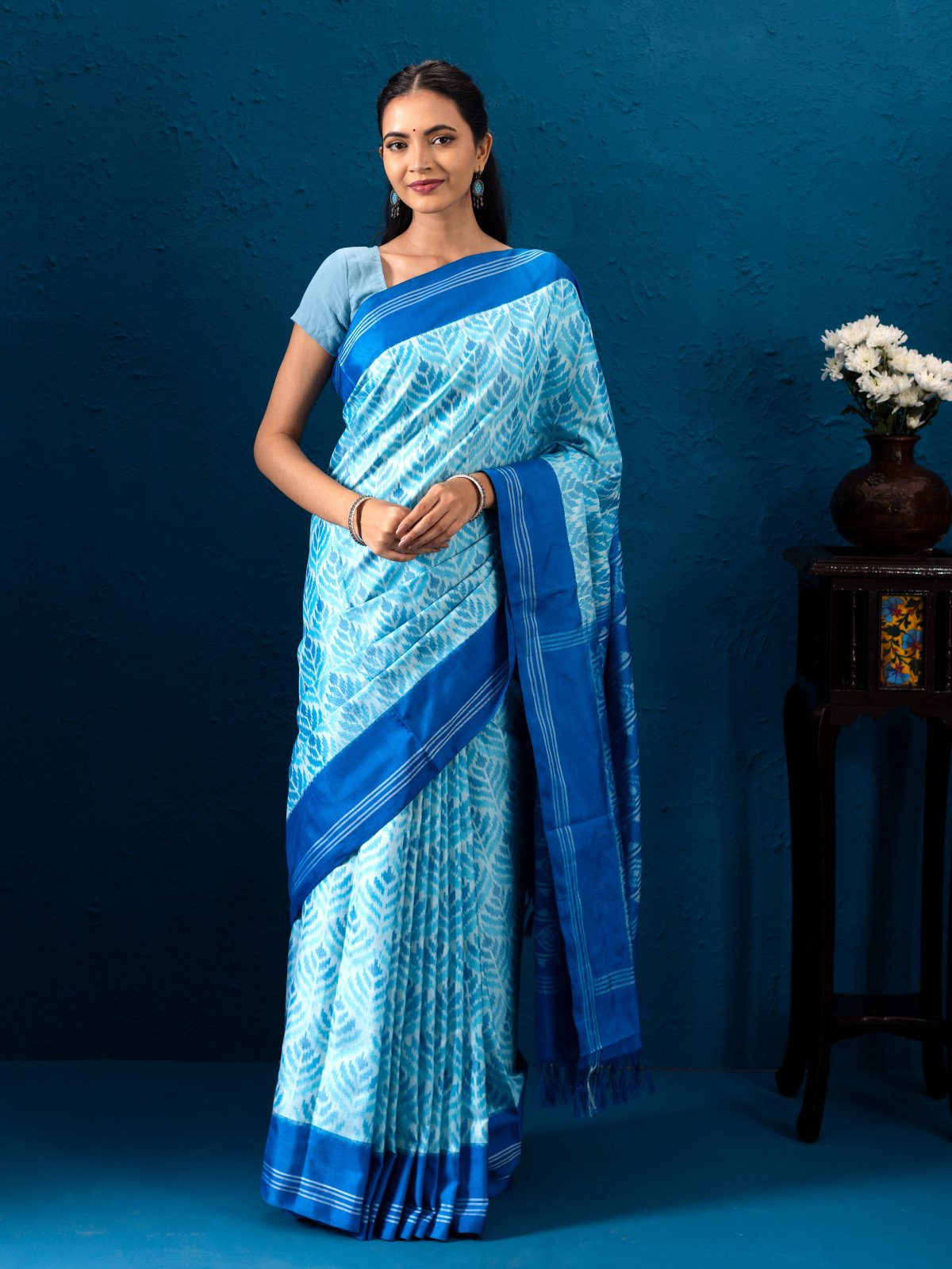 Light Blue Patola Silk Saree with Indigo Blue Border