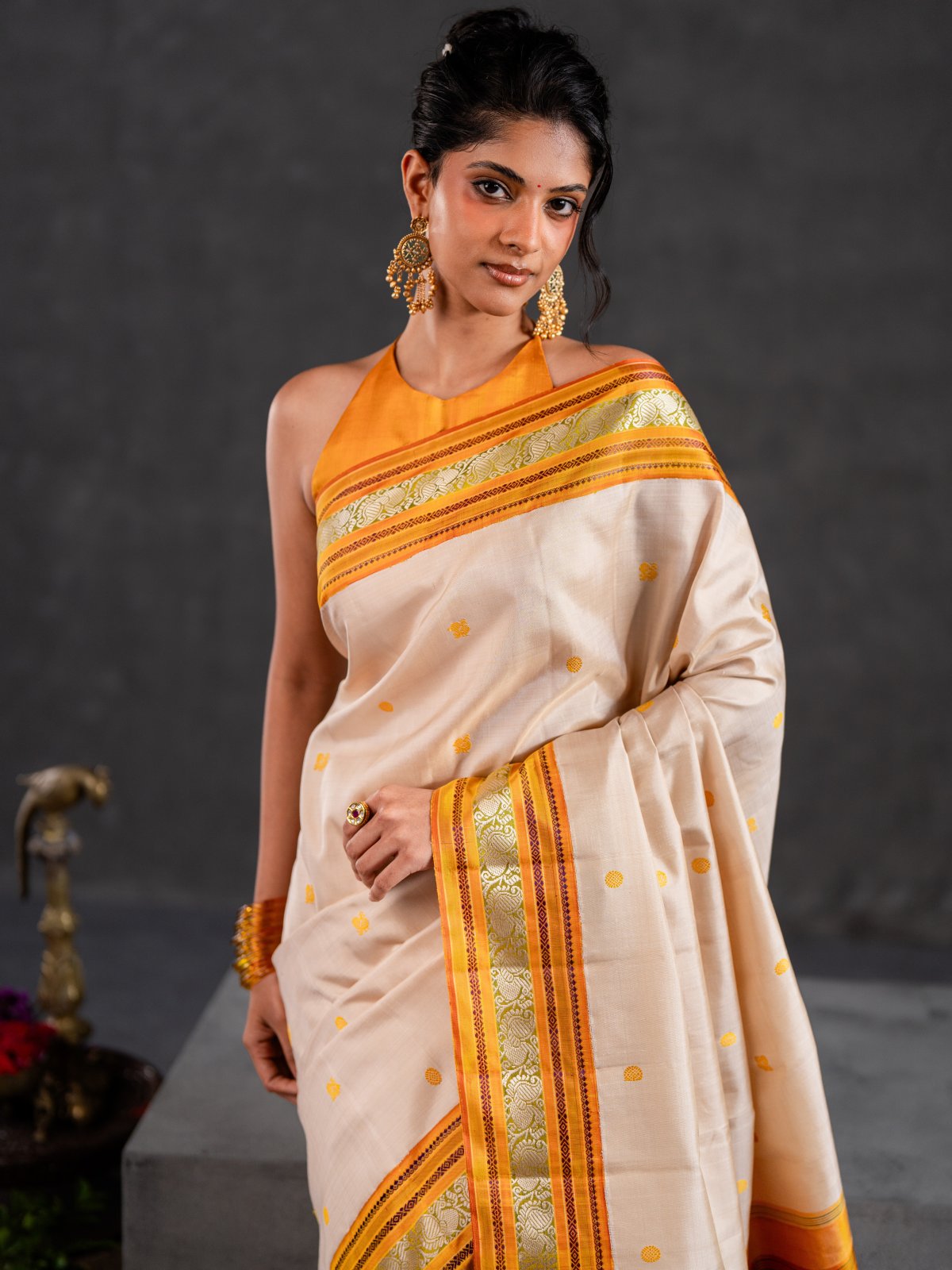 Crafted 42 - Beige Kanjeevaram Silk Saree With Orangish Yellow Pattupettu Border