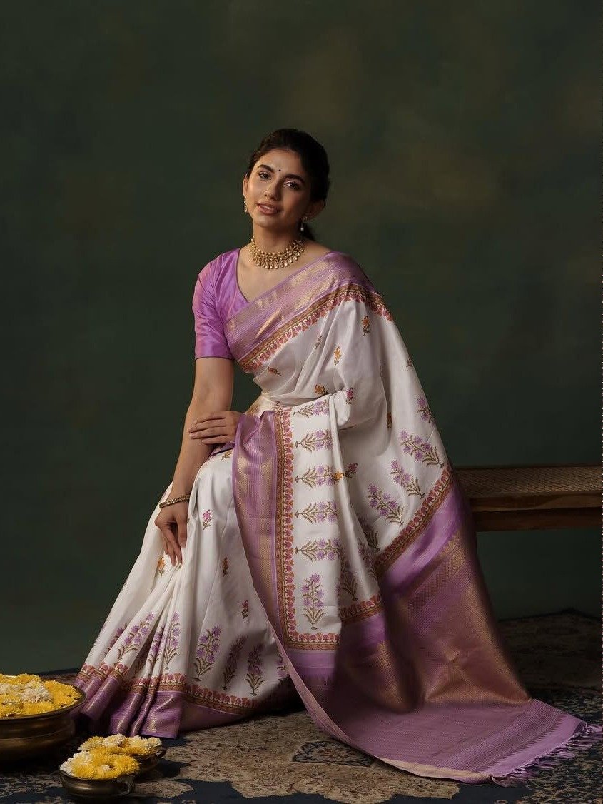 White Block Printed Kanjeevaram Silk Saree With Lavender Border