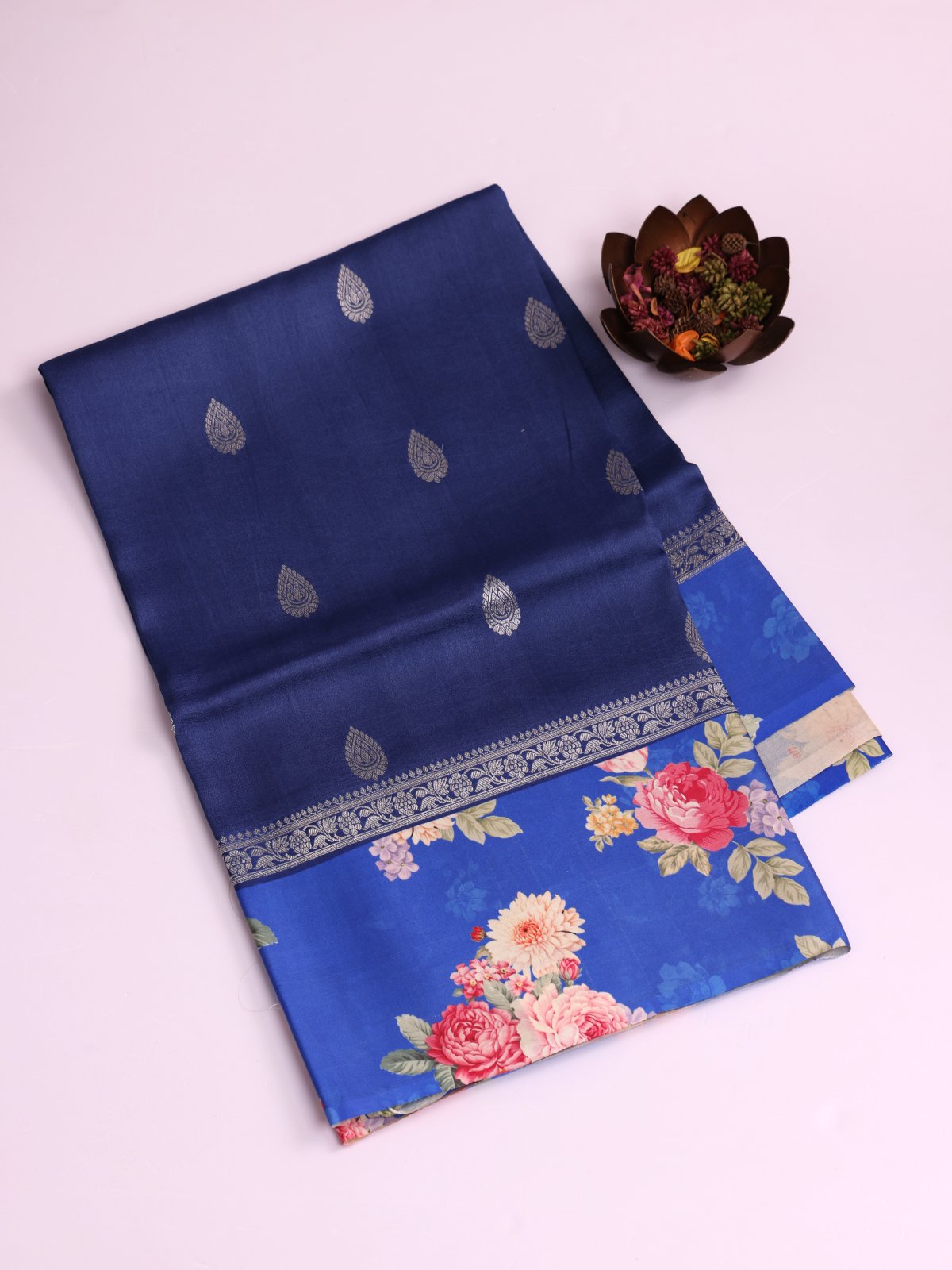 Navy Blue Banaras Tussar Georgette Silk Saree With Printed Royal Blue Border
