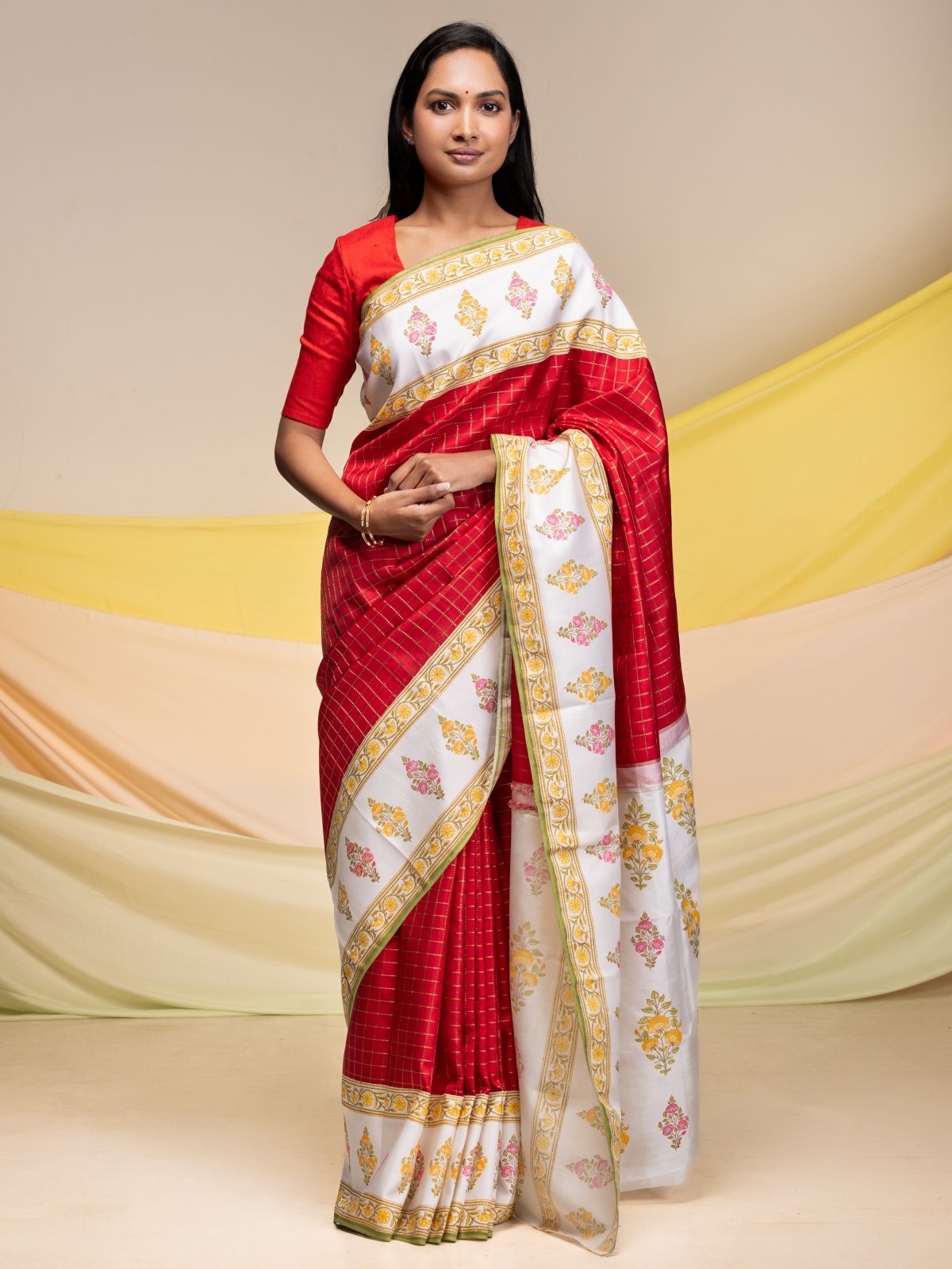 Red Checked Blockprint Kanjeevaram Silk Saree with off-white Border