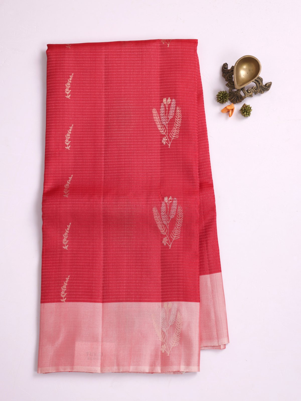 Red Soft Silk Tussar Saree With Pastel Pink Border 