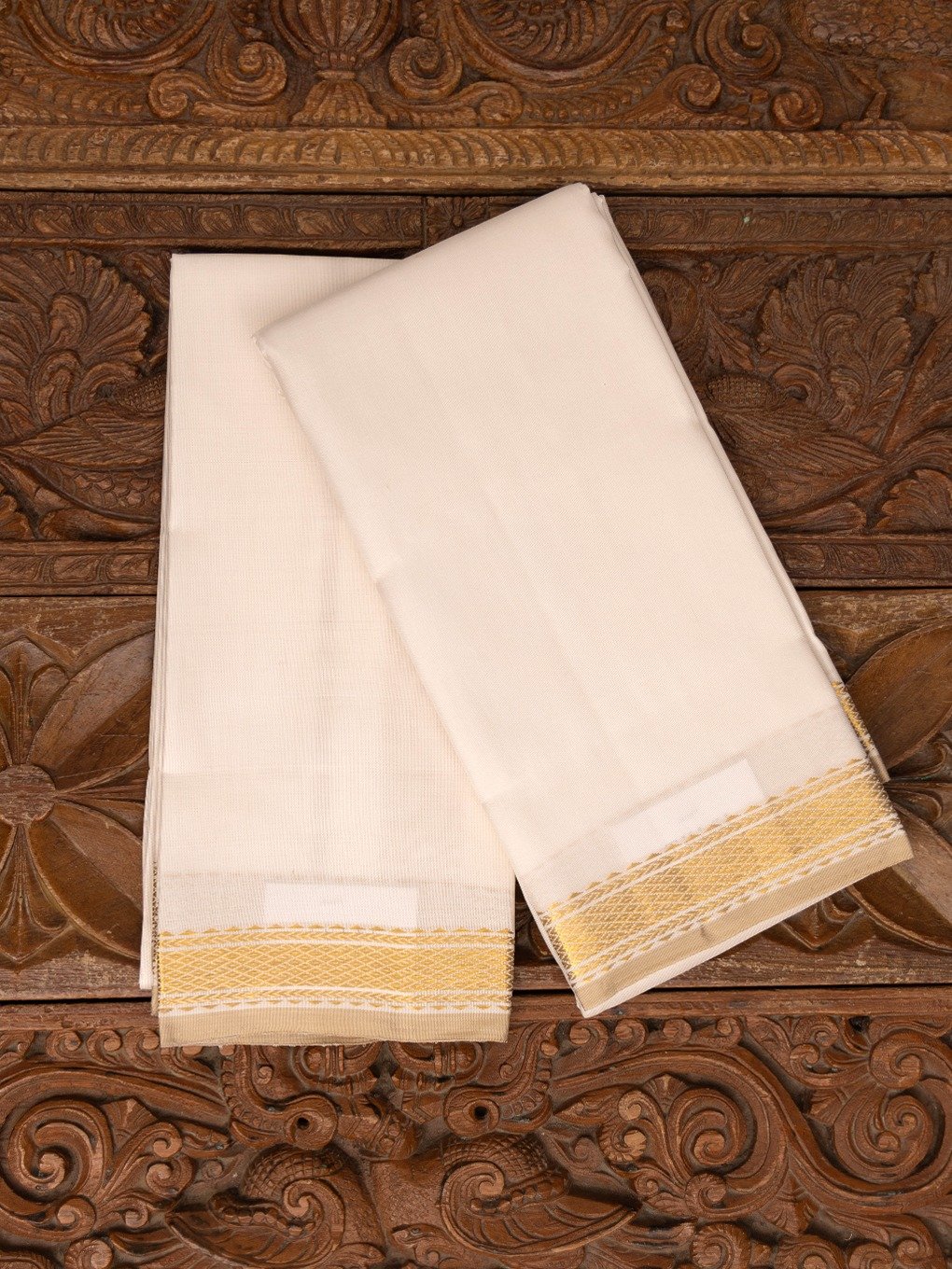 White Silk Dhoti and Vasthram With Tissue Self Zari Border