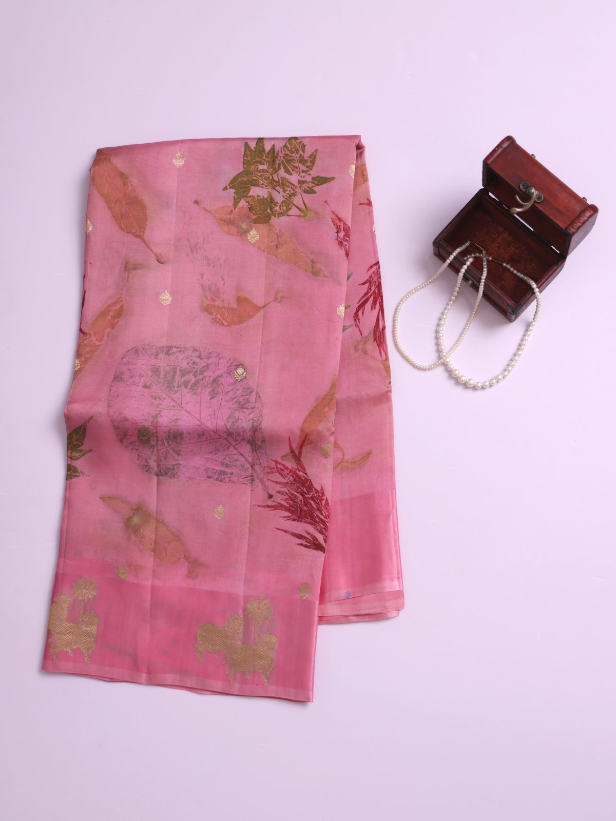Pink Eco Print Tussar Silk Saree with Self Satin Border