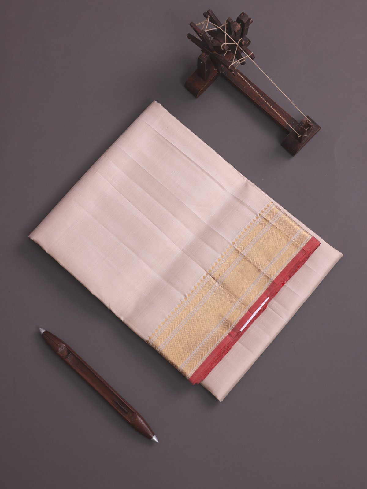 Light Beige Silk Dhoti And Vasthram With Zari Border