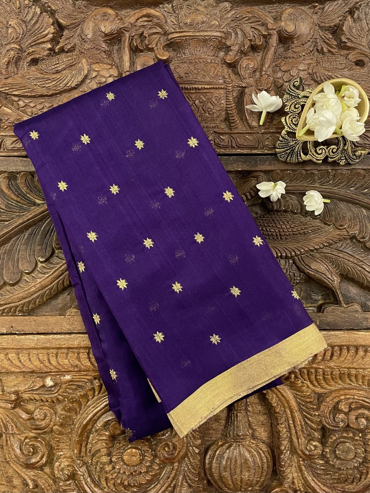 Deep Purple Chanderi Silk Blouse With Gold Zari Floral Motifs