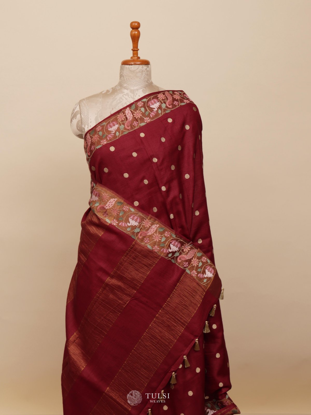 Deep Red Tussar Silk Saree With Floral Embroidery Border