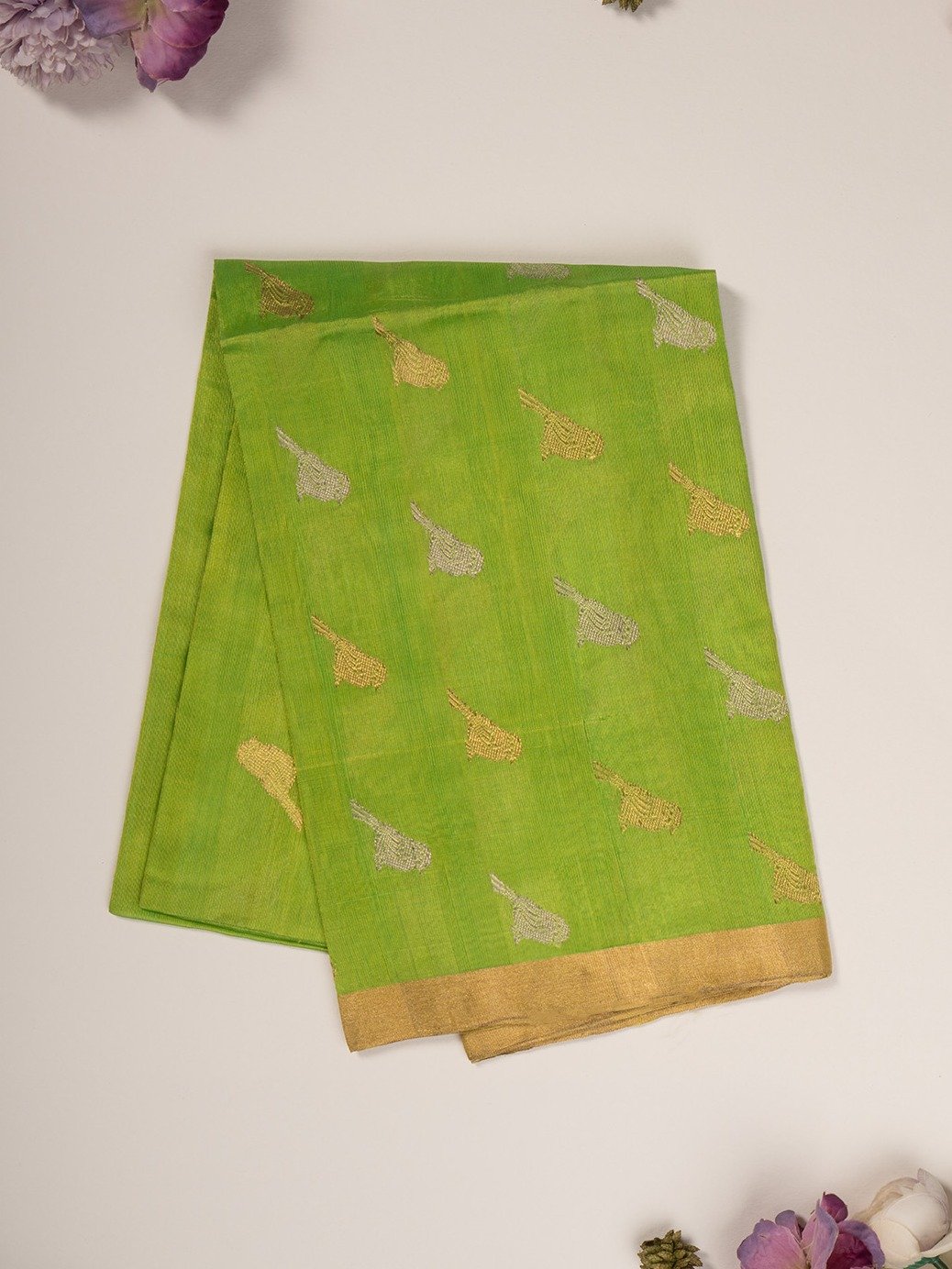 Parrot Green Chanderi Silk Blouse With Gold and Silver Zari Motifs