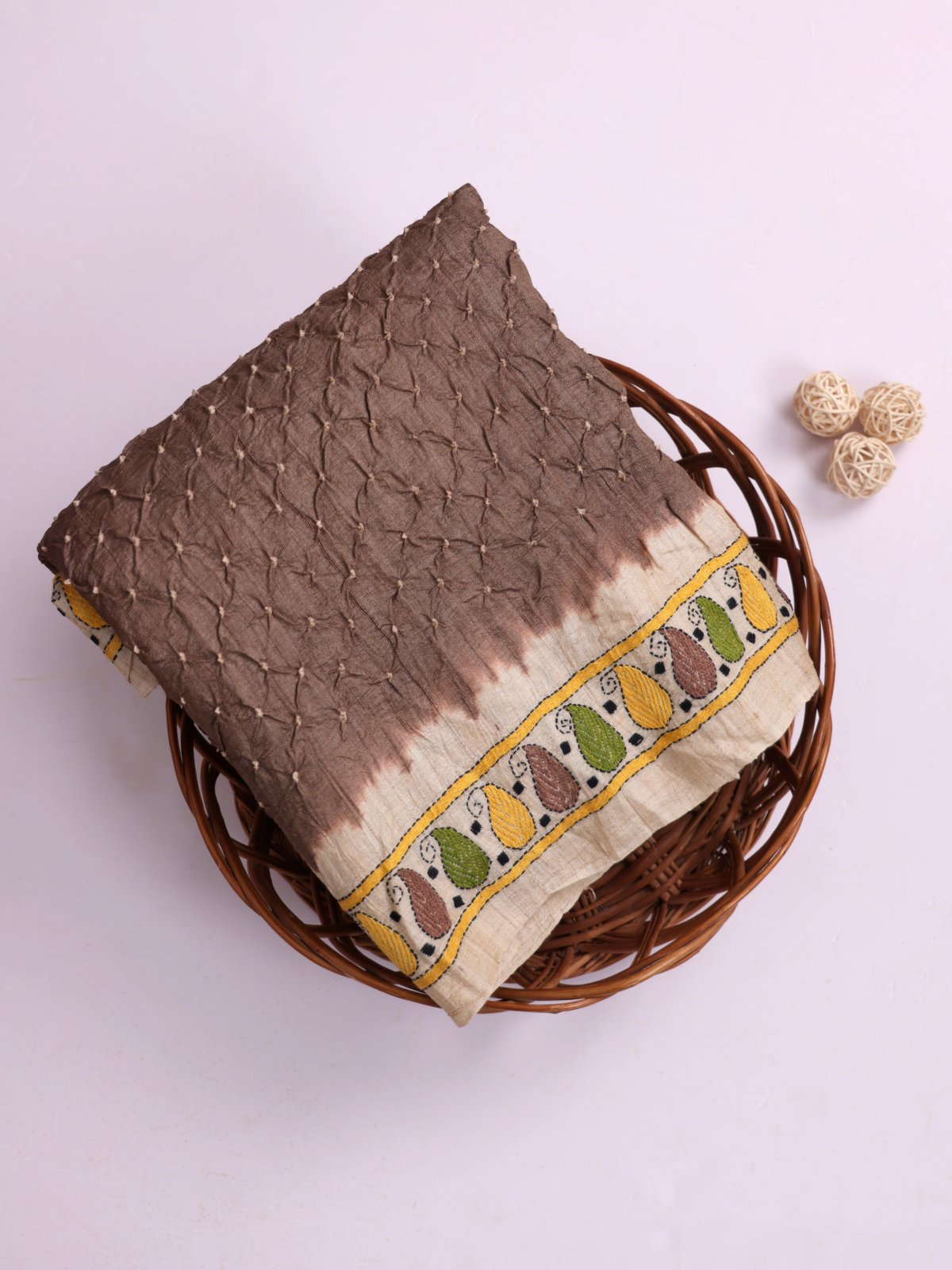 Light Brown Bandhini Tussar Silk Saree With Embroidered Border
