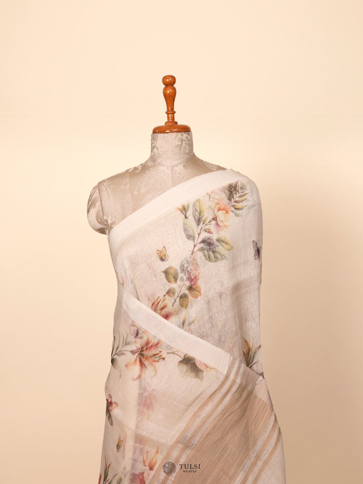 White Printed Linen Saree