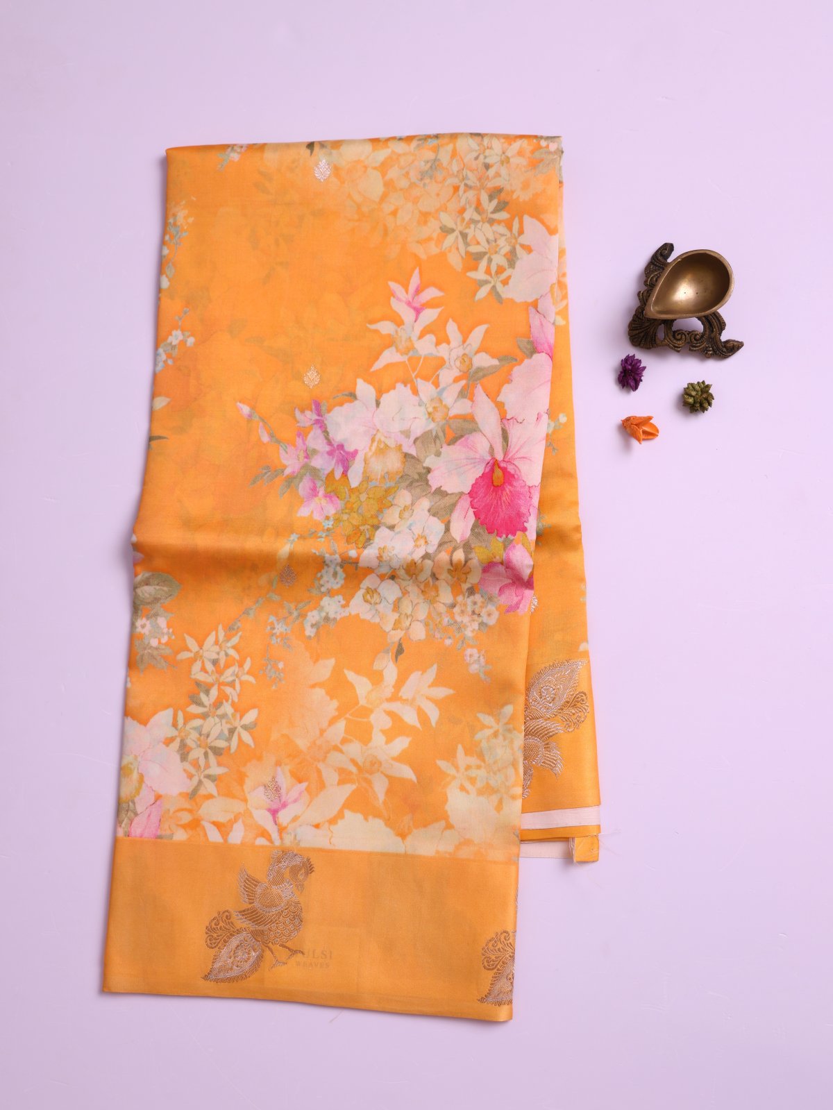 Mango Yellow Printed Mashru Silk Saree with Self Satin Border