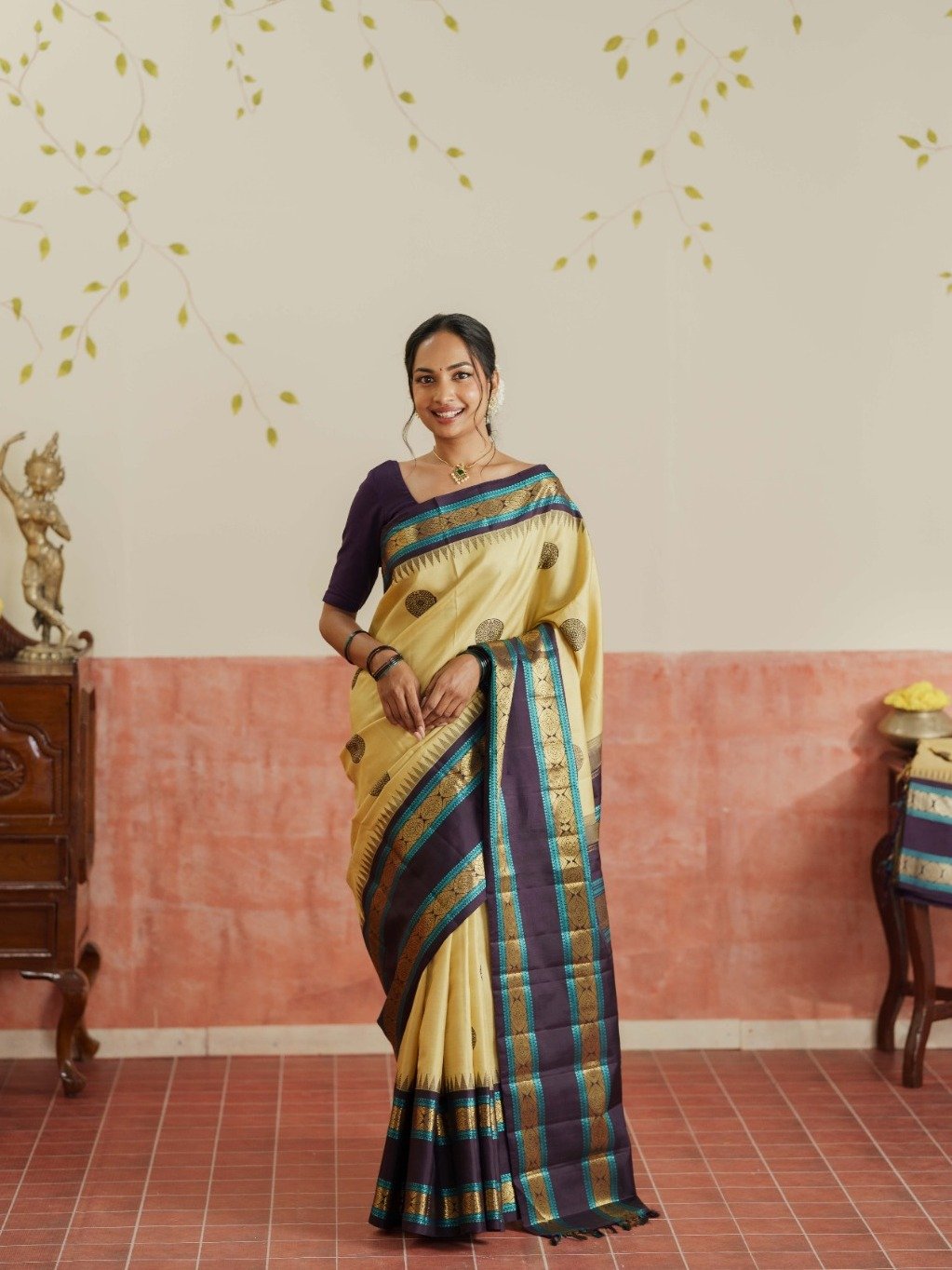 Vintage 91 - Pastel Yellow Kanjeevaram Silk Saree With Dark Purplish Blue Border