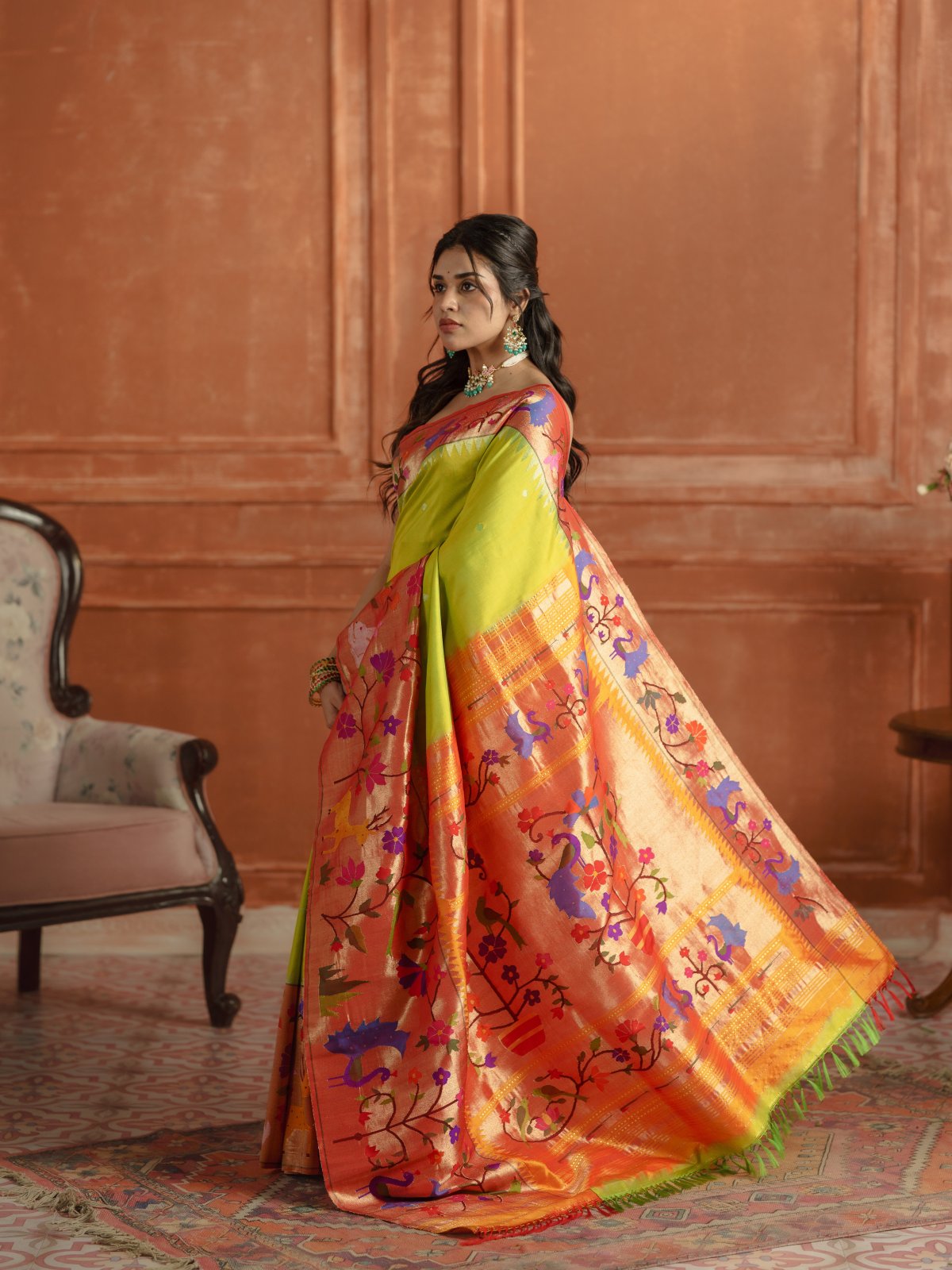 Curated 25 - Yellowish Green Paithani Silk Saree With Red Border