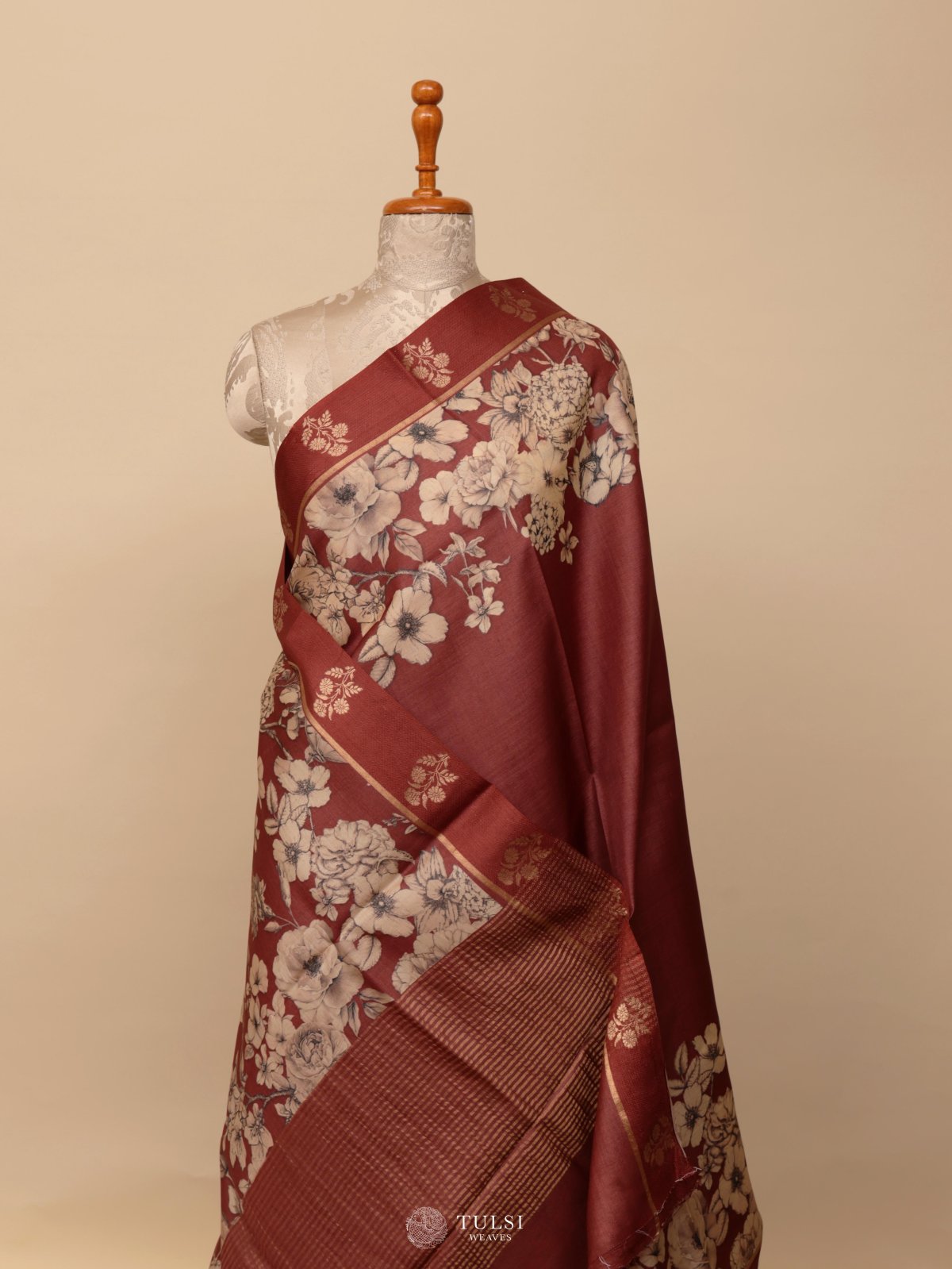 Rust Red Printed Tussar Silk Saree