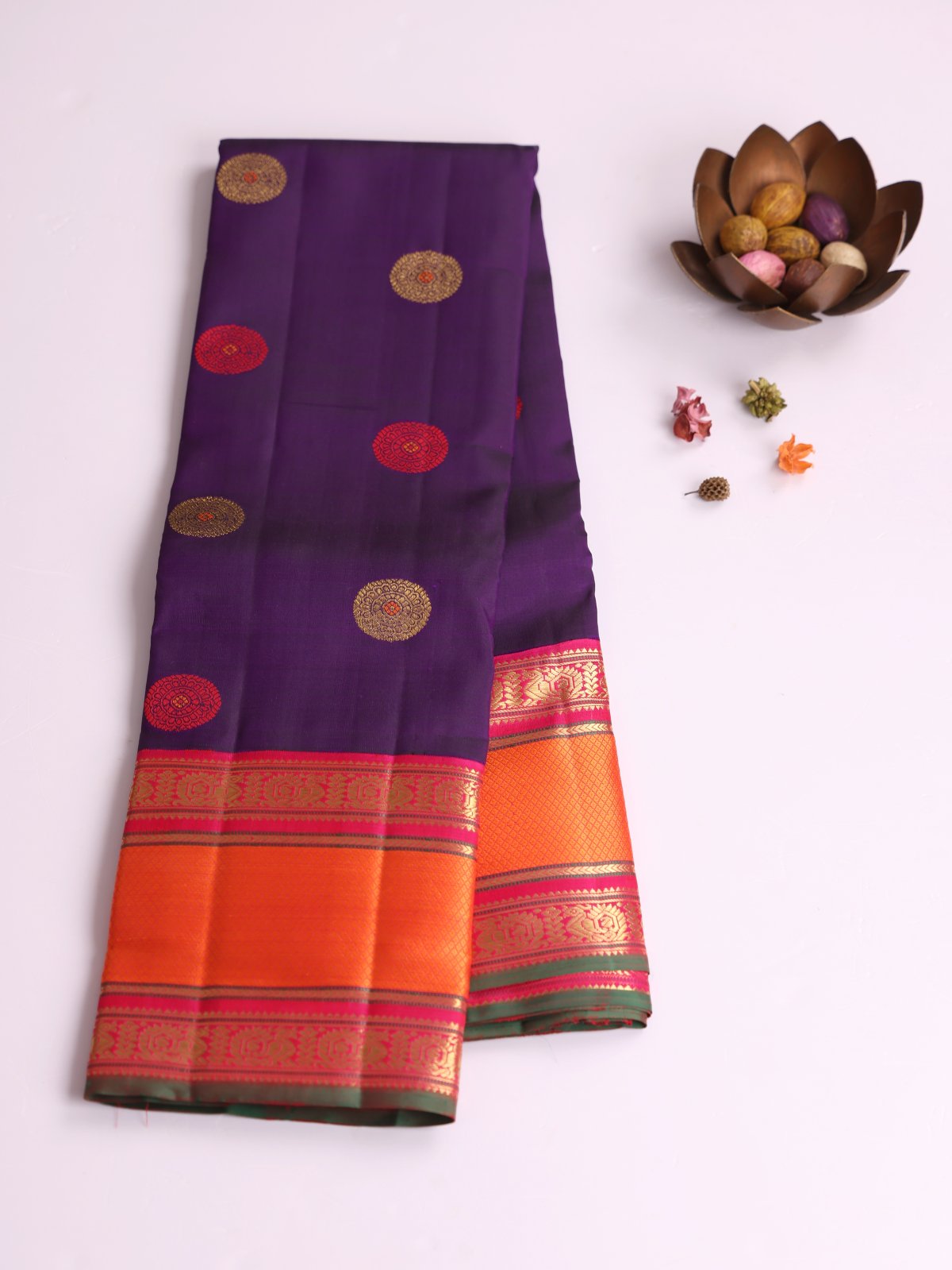 Dark Purple Kanjeevaram Silk Saree with Pink Border