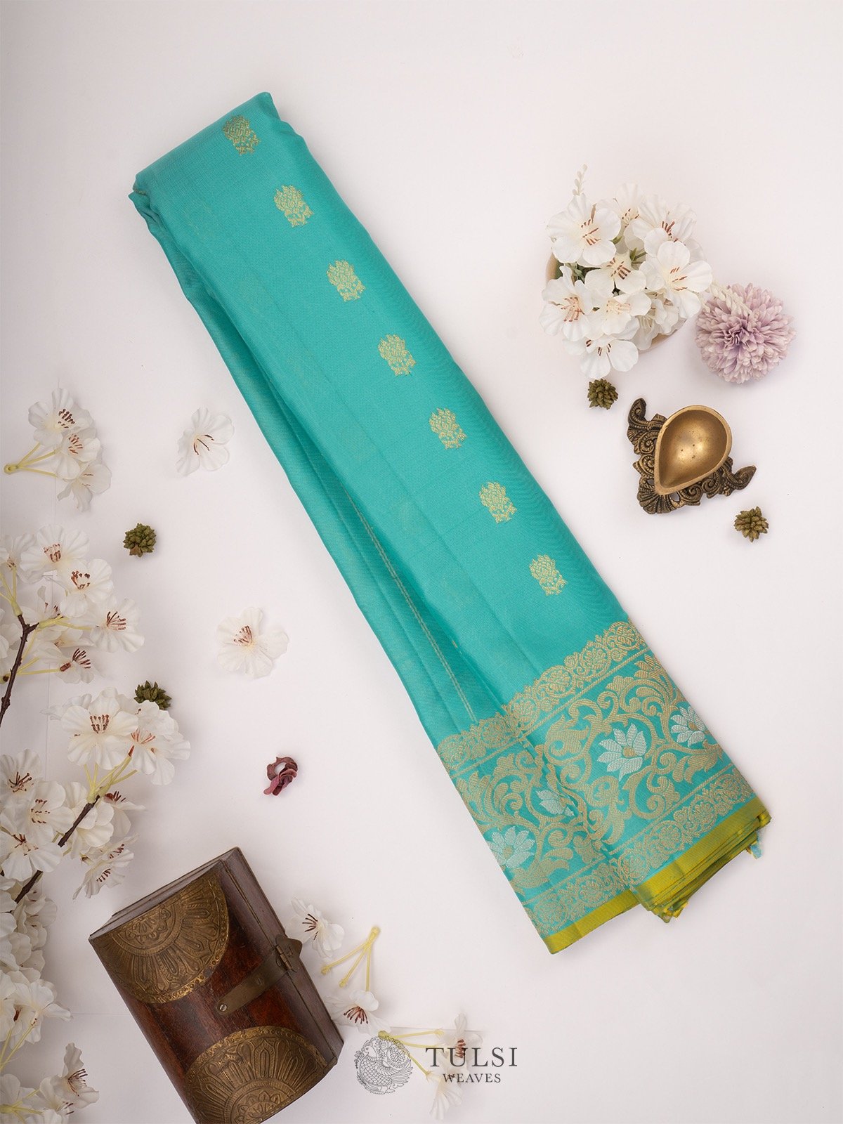 Turquoise Gadwal Silk Saree with self zari border