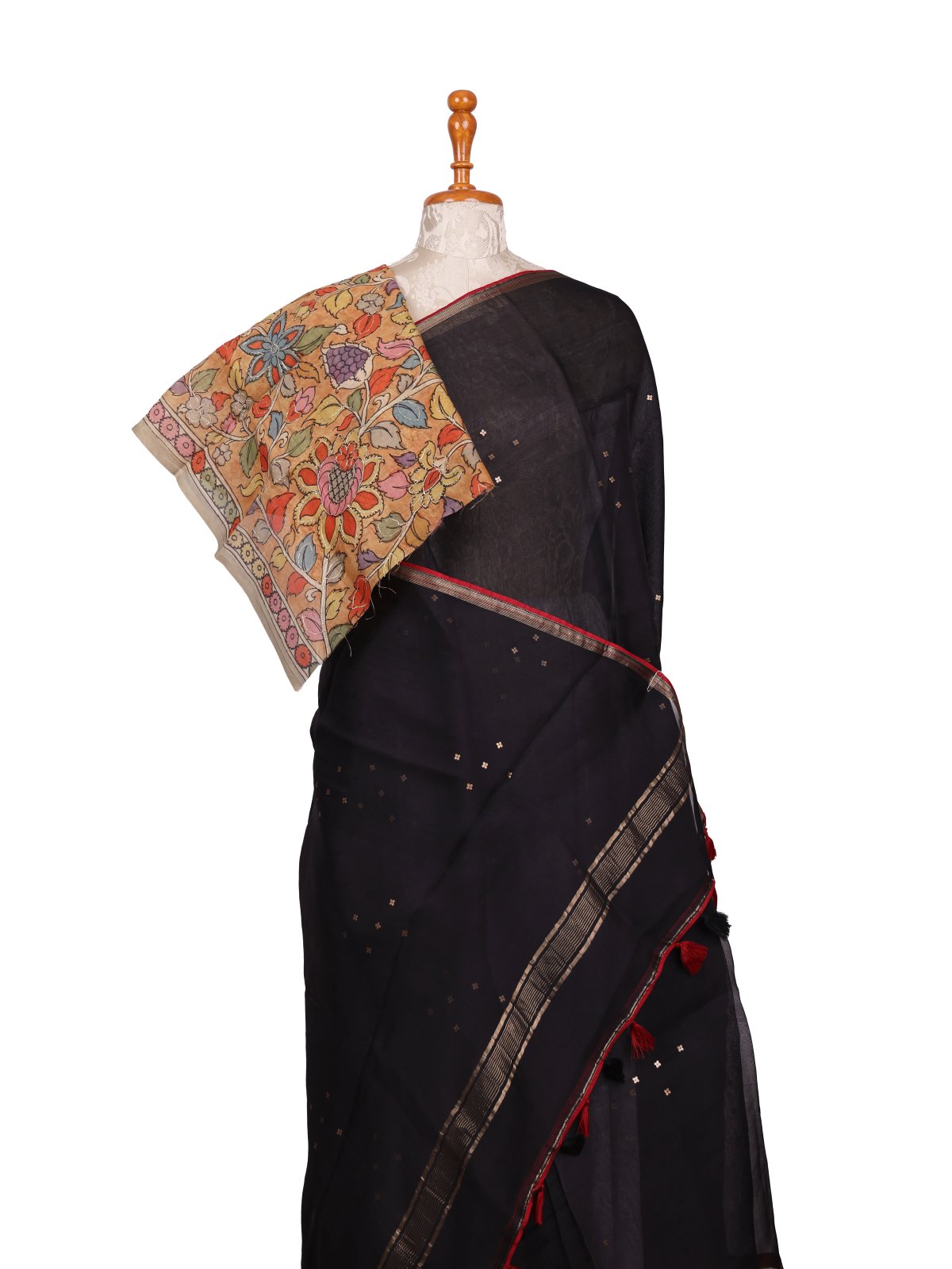 Black Organza Silk Saree With Kalamkari Blouse 
