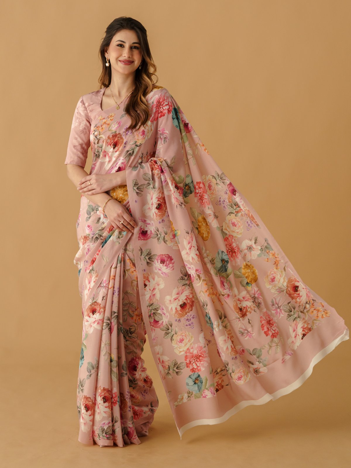 Dusty Peach Floral Printed Crepe Silk Saree