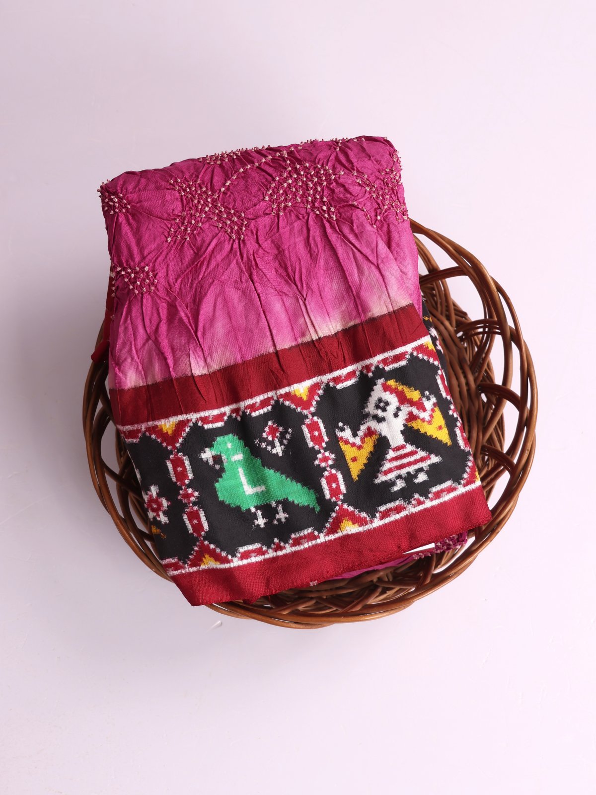 Pink Bandhini silk Saree With Maroon Patan Patola Border