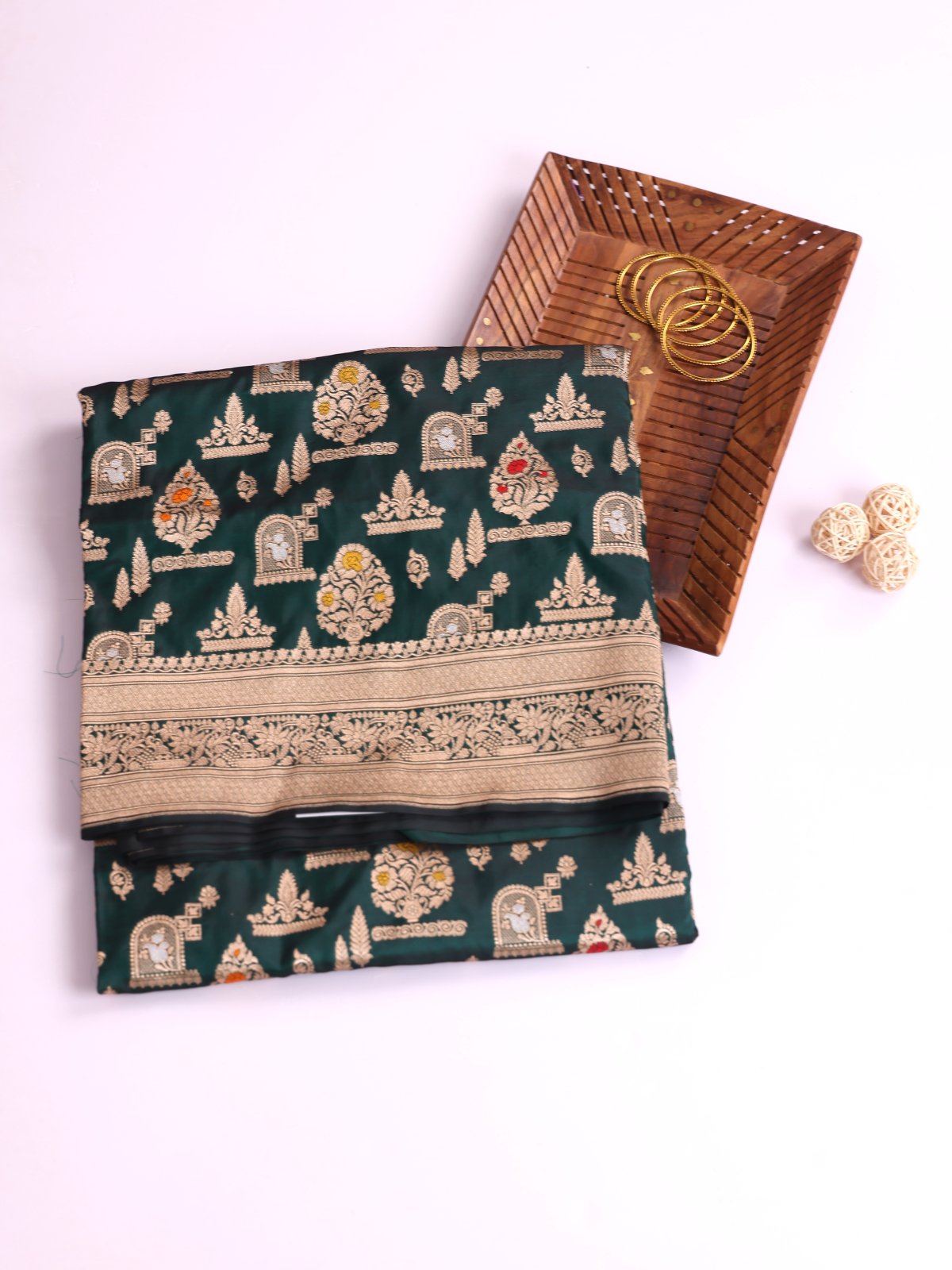 Bottle Green Banaras Silk Saree with Zari Border