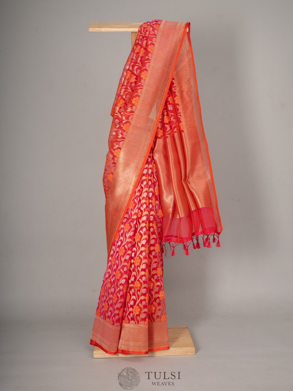 Pinkish Orange Kora Silk Saree