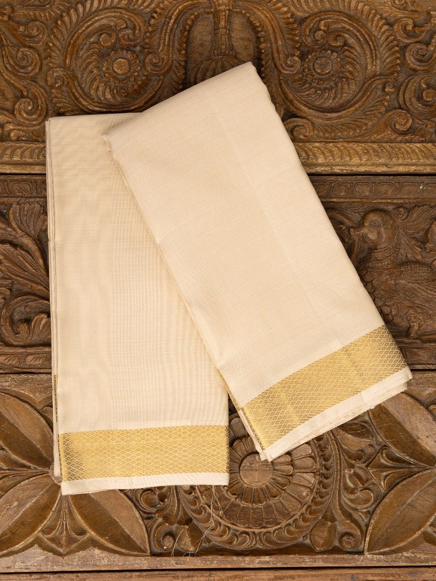 Off-White Silk Dhoti and Vasthram With Gold Self Zari Border