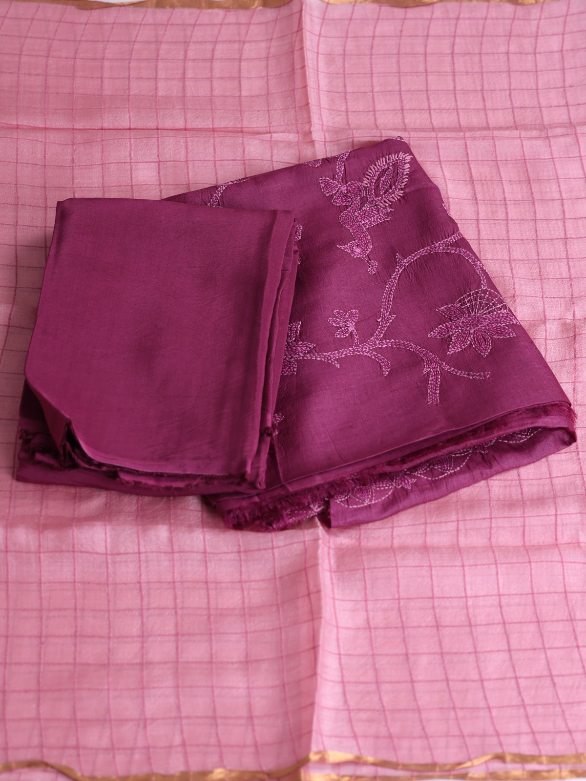 Dark Mauve Tussar Salwar Material With Kantha Embroidery