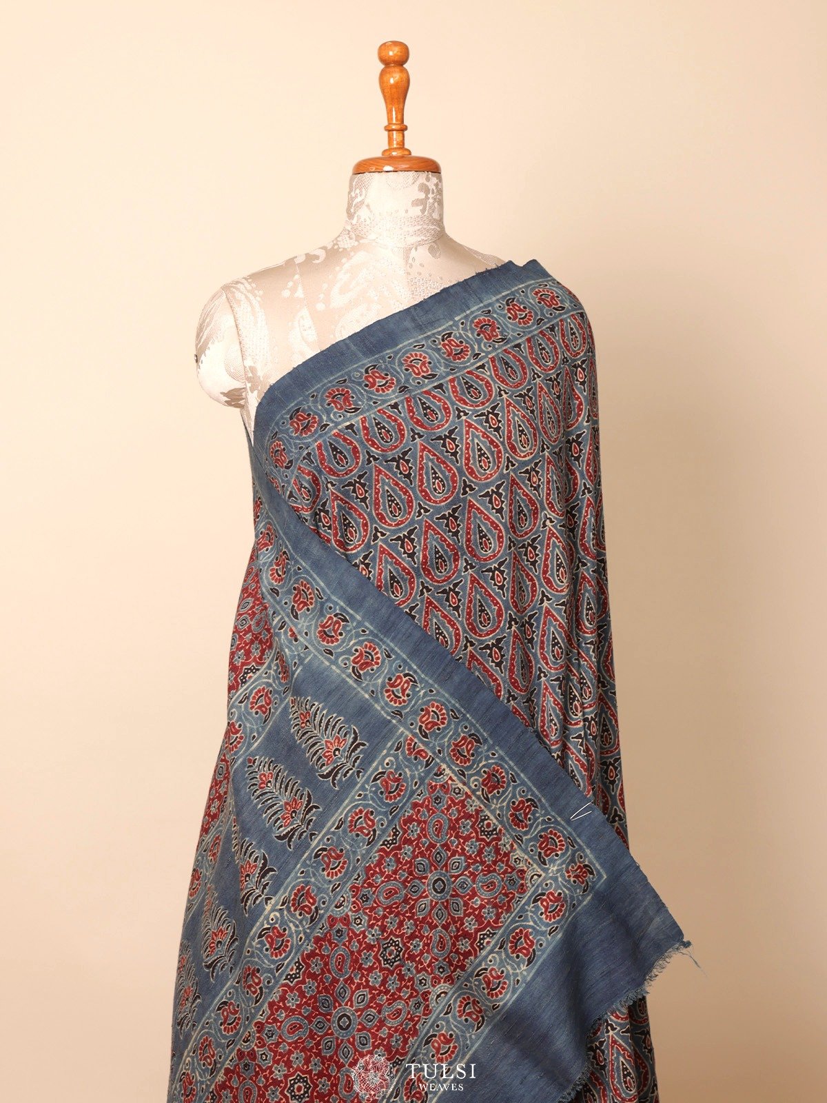 Bluish-Cyan Ajrakh Raw Silk Saree	