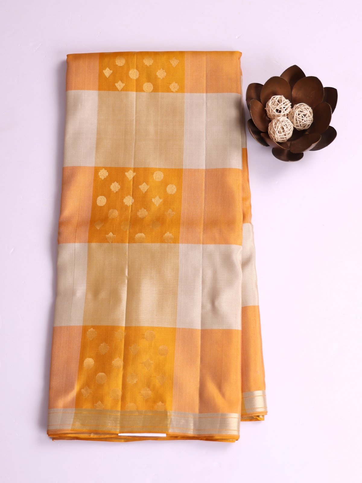 Mustard Yellow And Cream Checked Soft Silk Tussar Saree With Zari Border