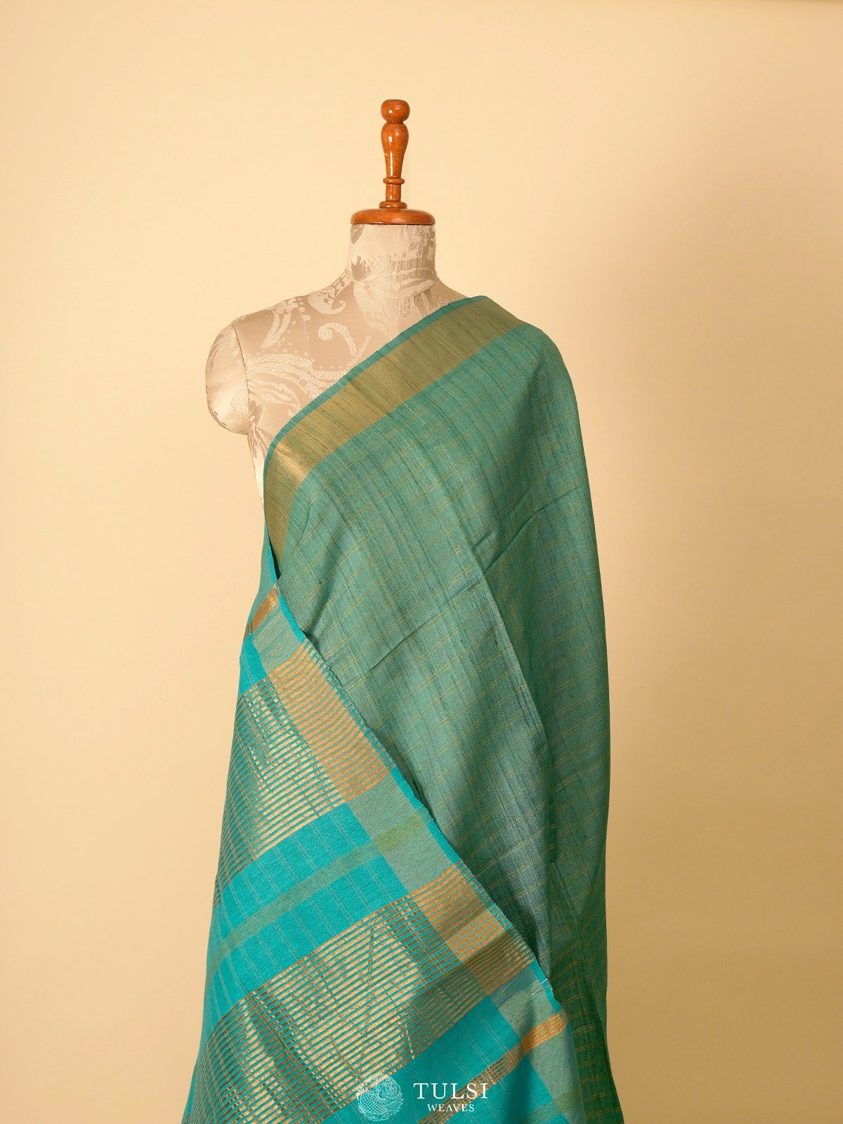 Teal Blue Tussar Silk Saree