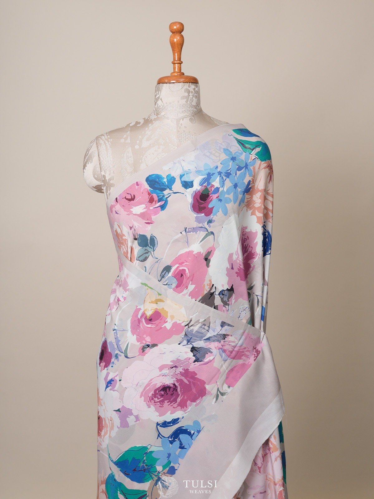 Light Grey Floral Printed Crepe Silk Saree 
