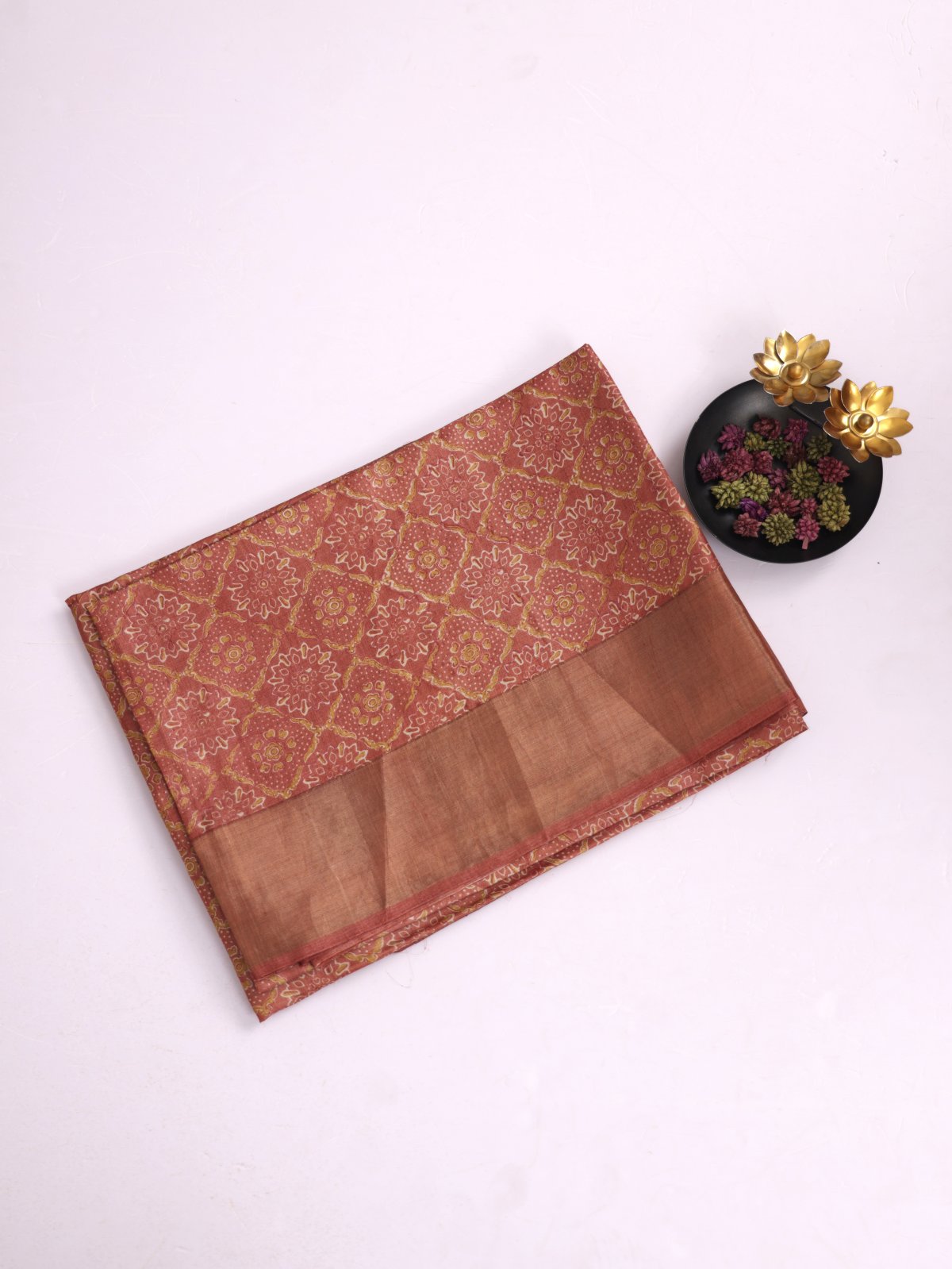 Rust Orange Printed Tussar Silk Saree With Zari Border 