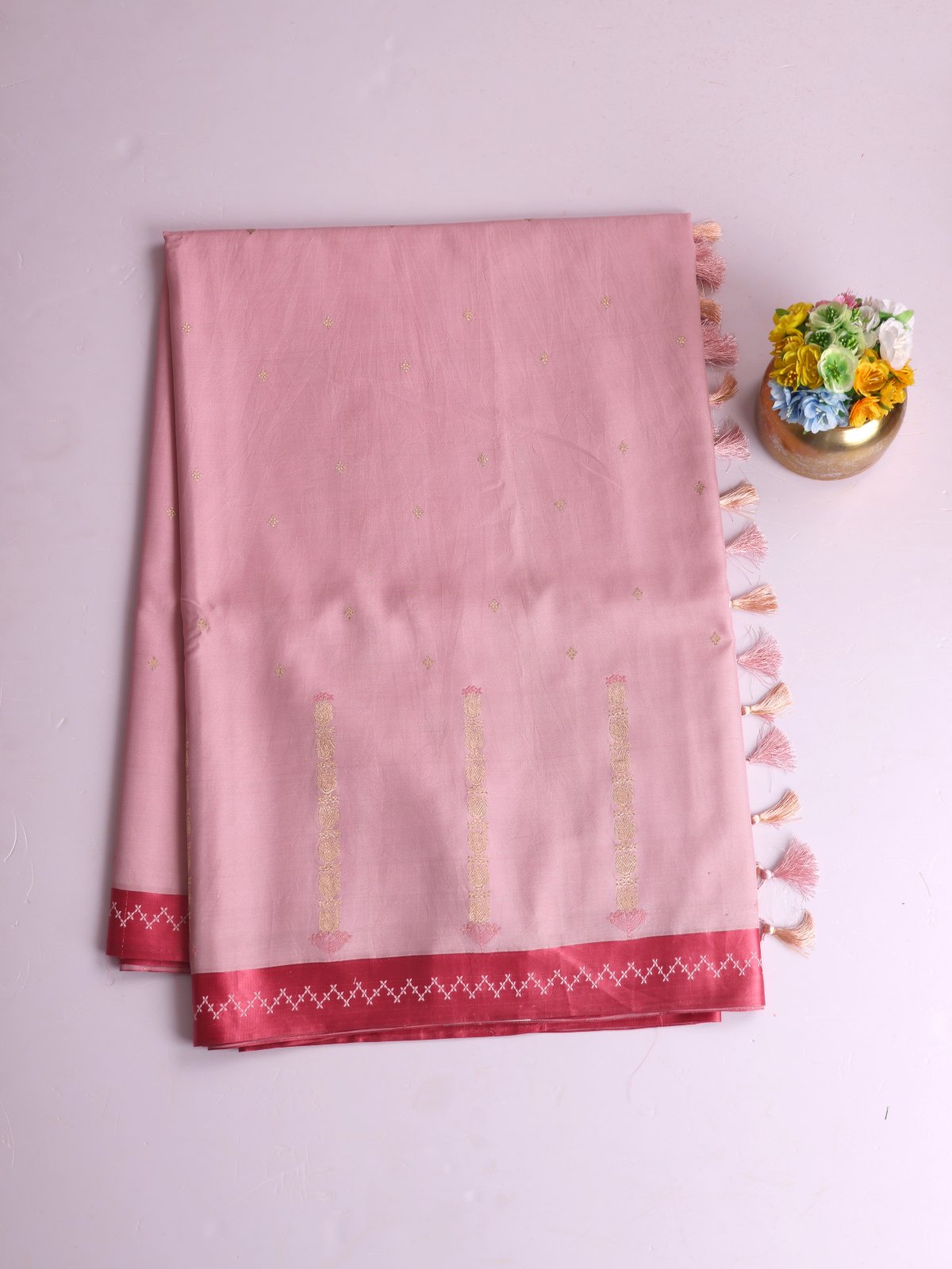Pastel Pink Mashru Silk Saree With Pink Border 