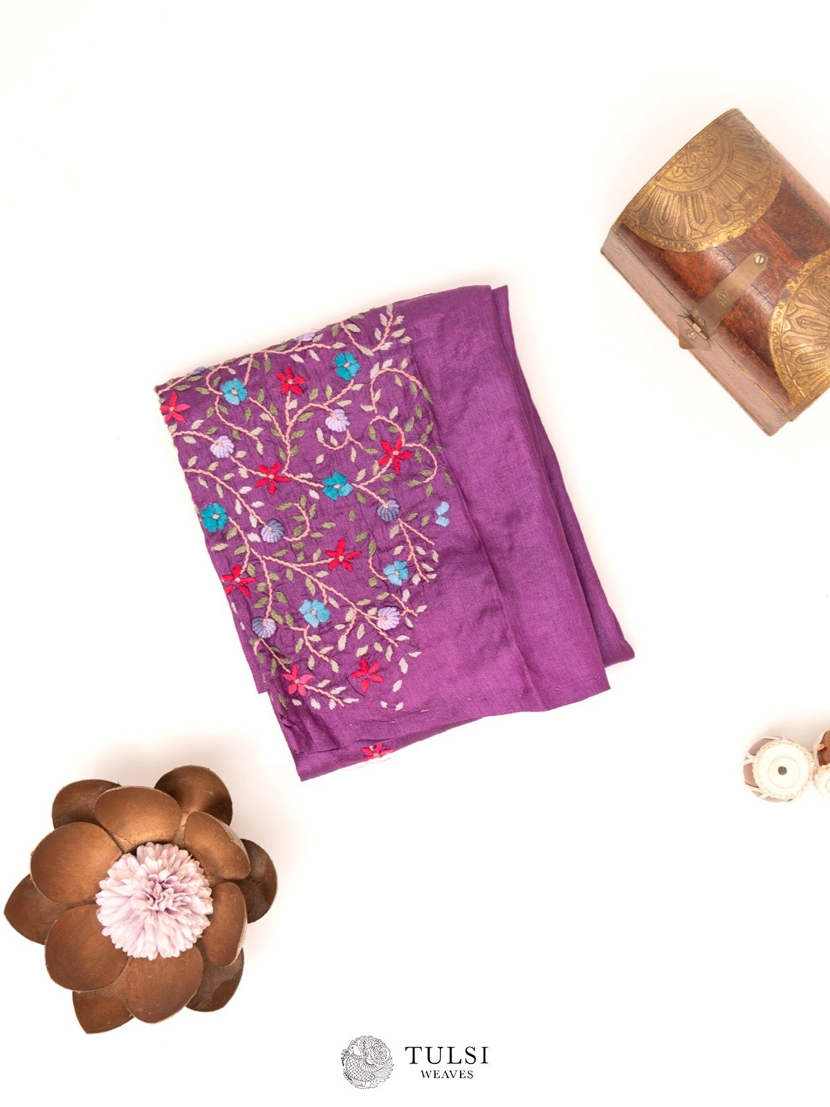 Plum Purple Tussar Silk Blouse with Floral Embroidery