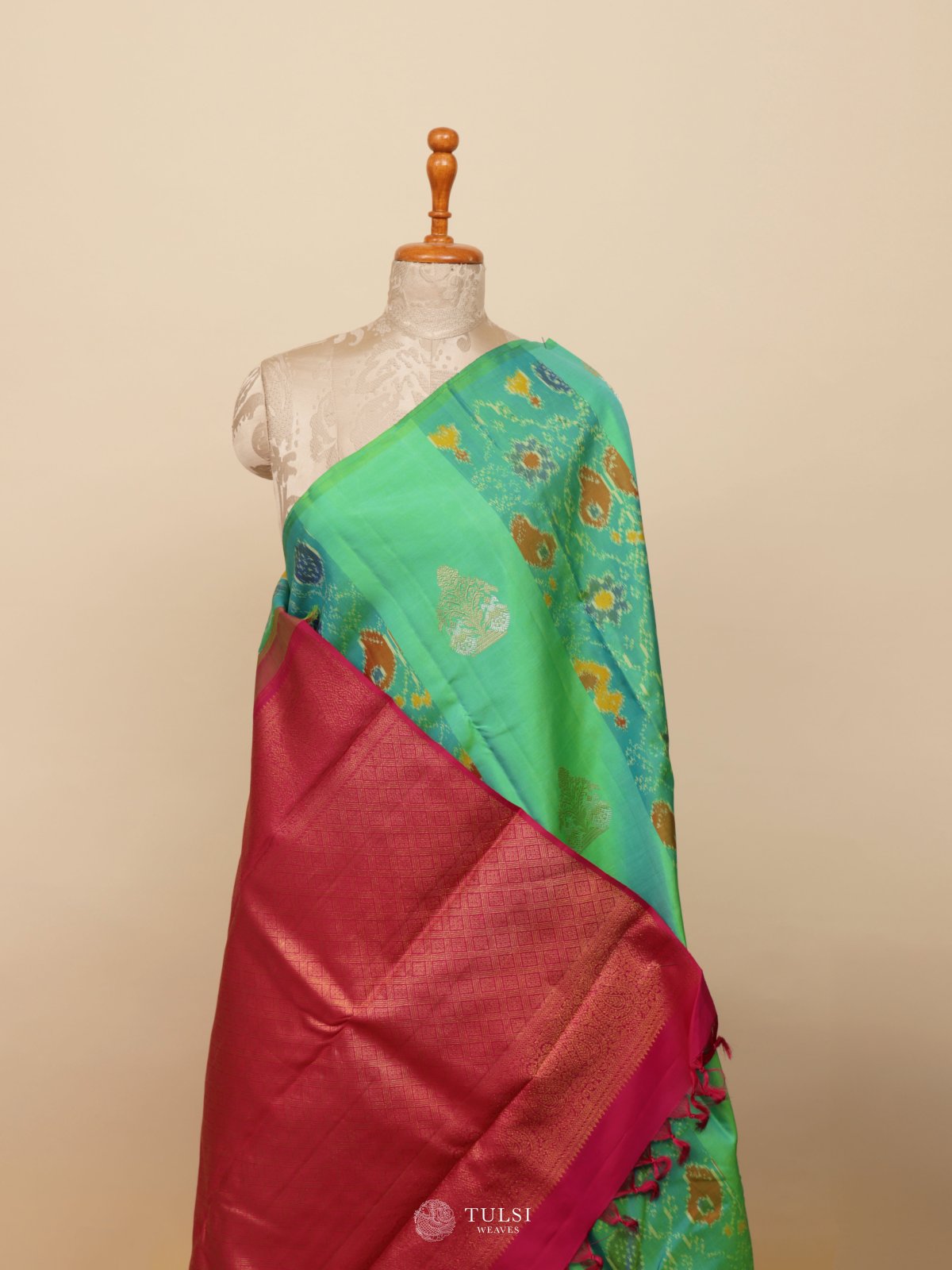 Parrot Green Ikat Kanjeevaram Silk Saree