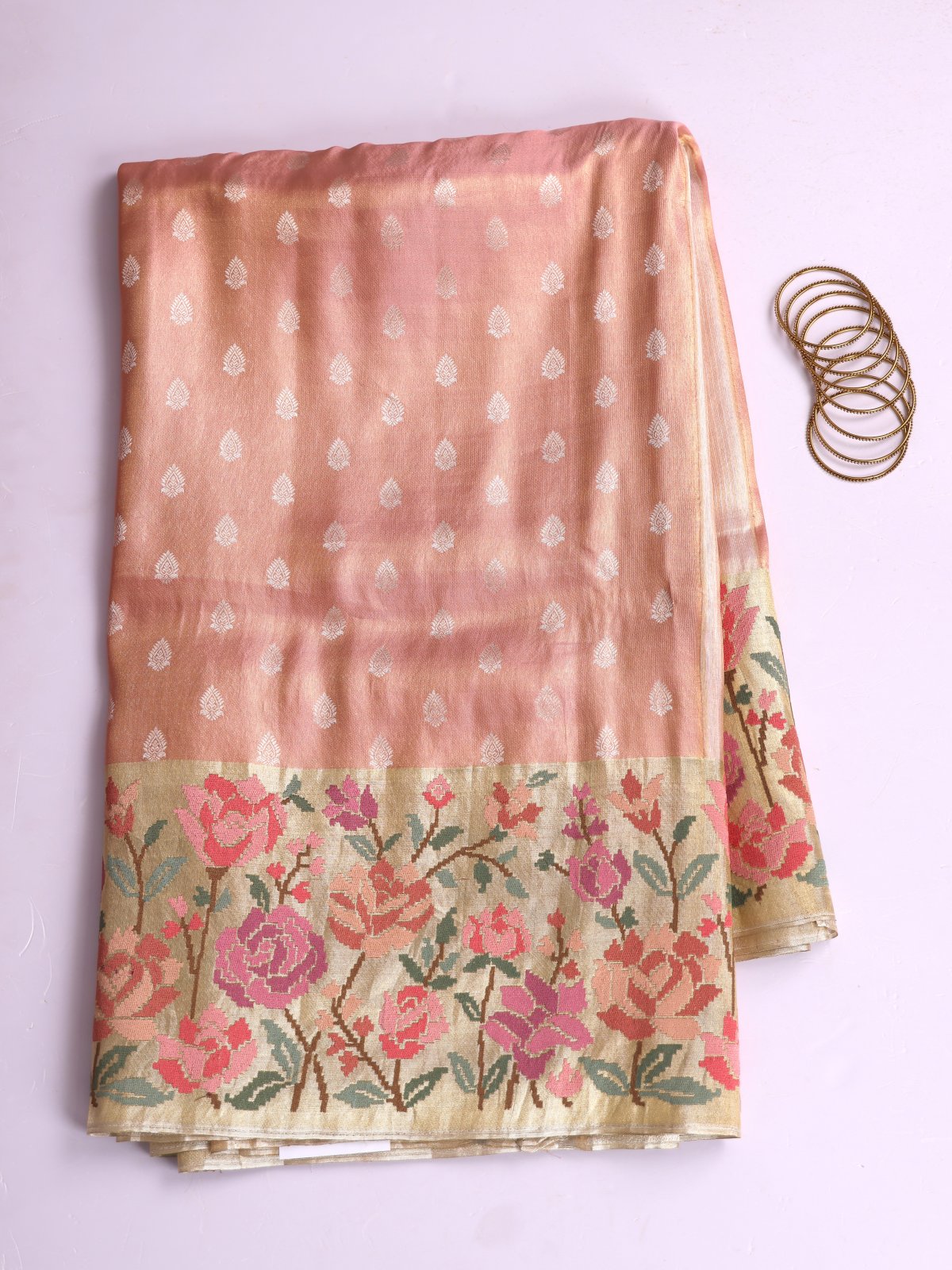 Peach Pink Tissue Kanjeevaram Silk Saree with Embroidered Border