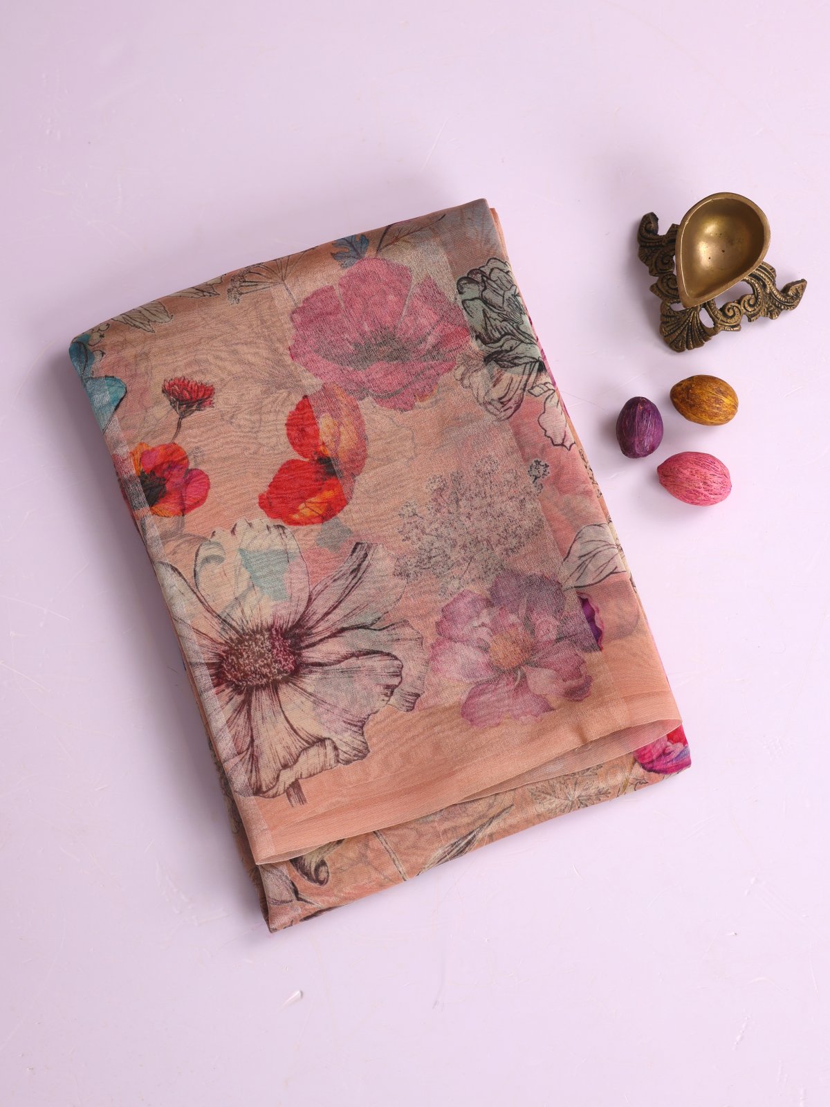 Peach Printed Organza Silk Saree