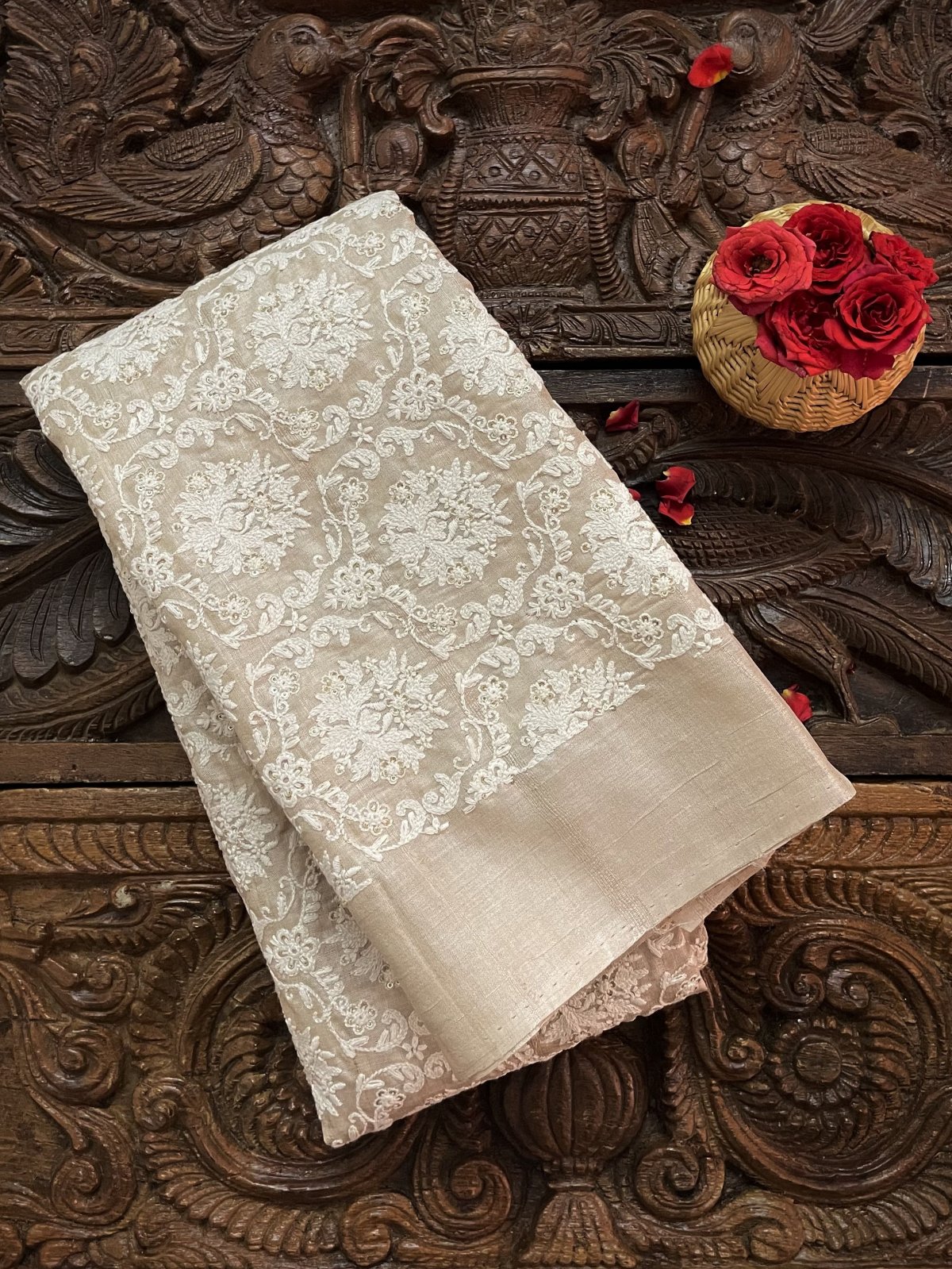 Beige (Tussar Colour)  Tussar Silk Blouse With White Brocade Embroidery