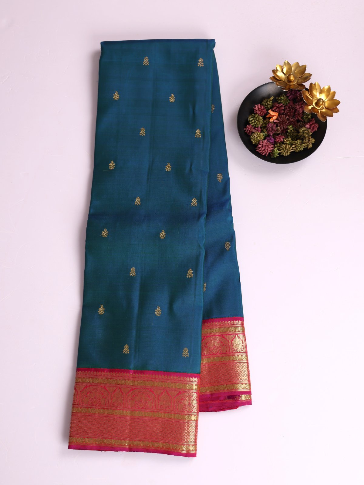 Peacock Blue Kanjeevaram Silk Saree With Magenta Pink Border