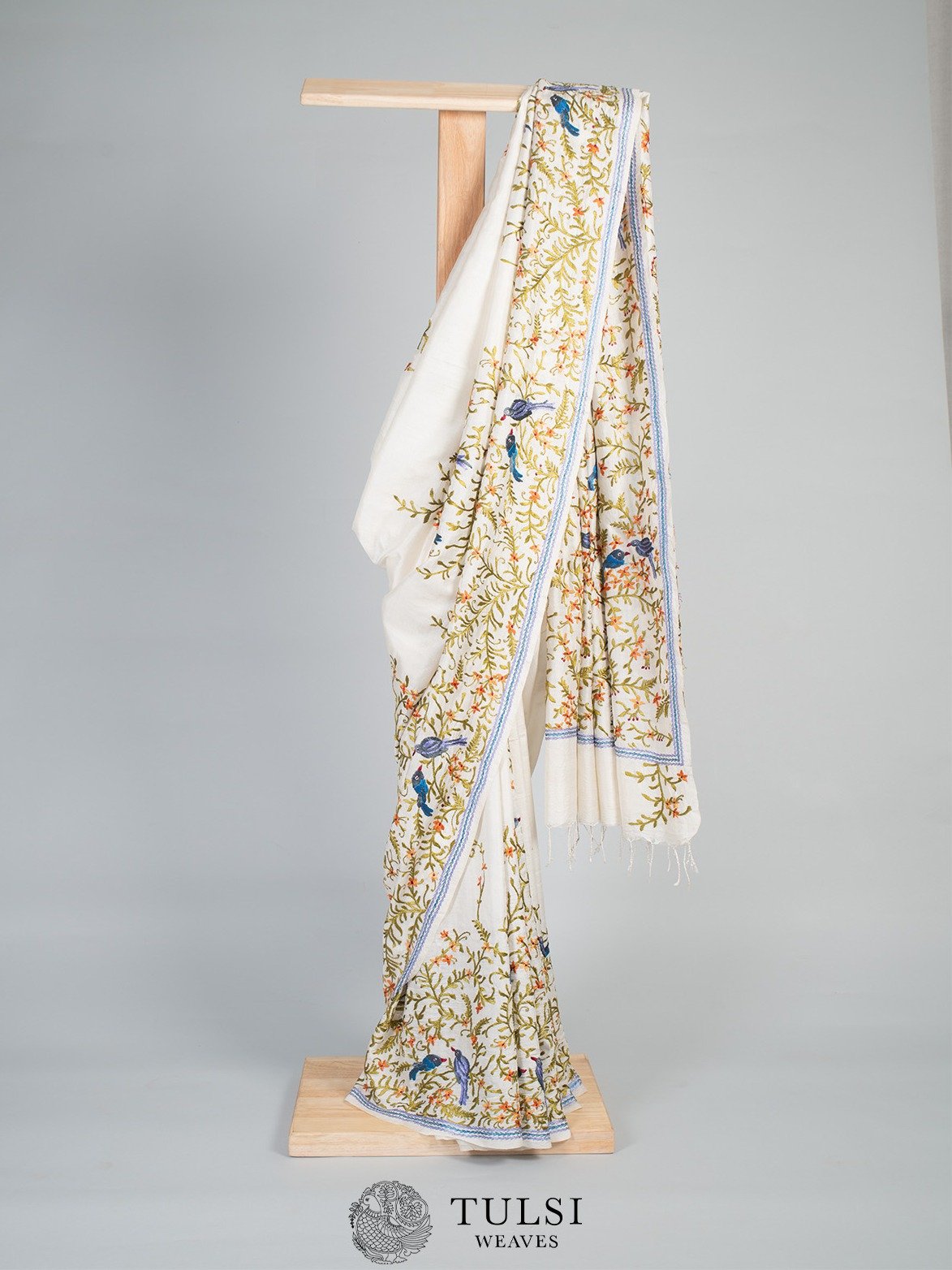 White Silk Saree With Floral Embroidery 