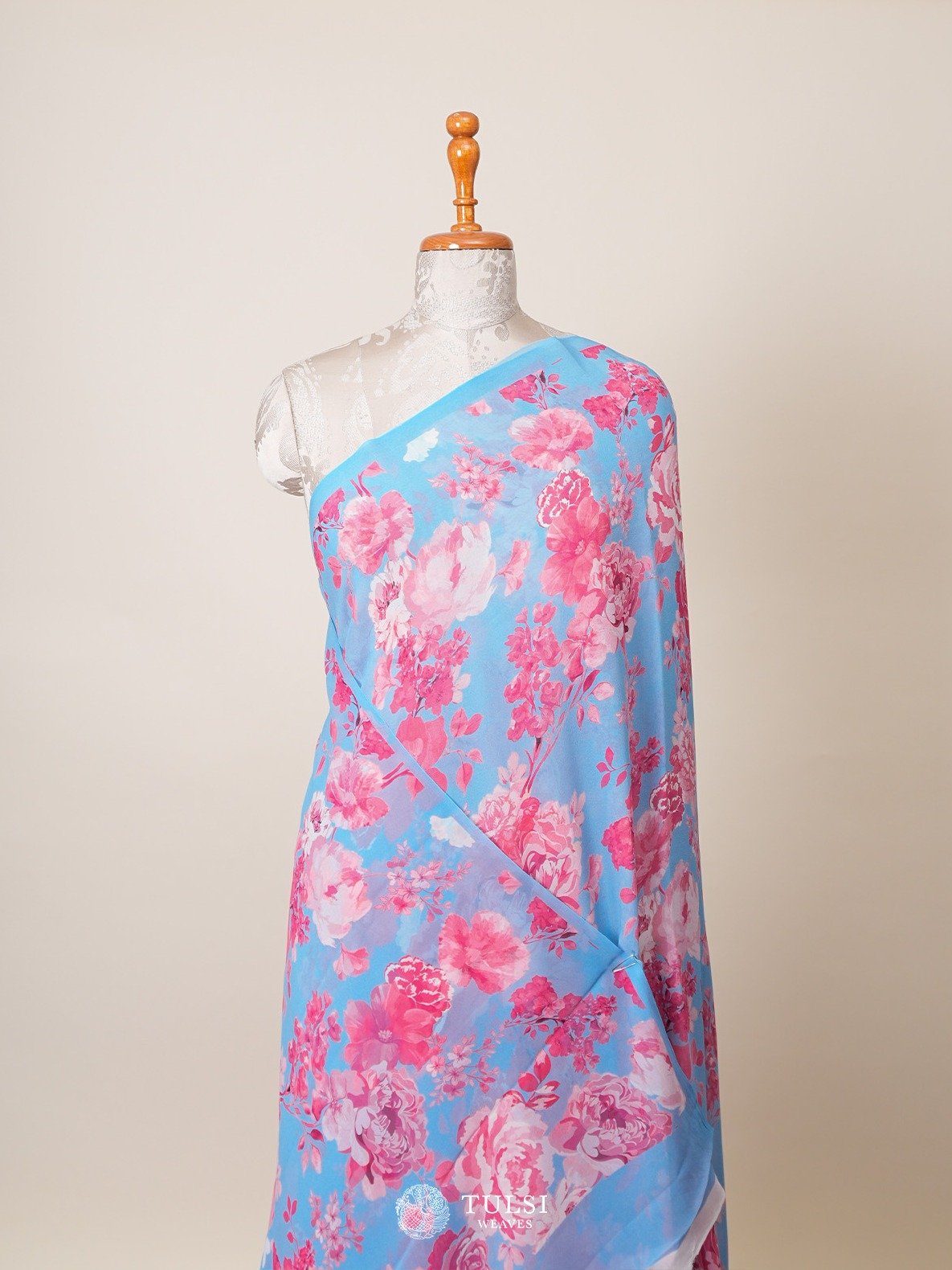 Sky Blue Floral Printed Georgette Silk Saree