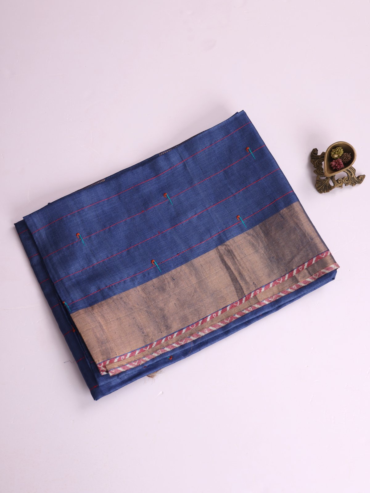 Blue Striped Embroidered Tussar Silk Saree With Zari Border