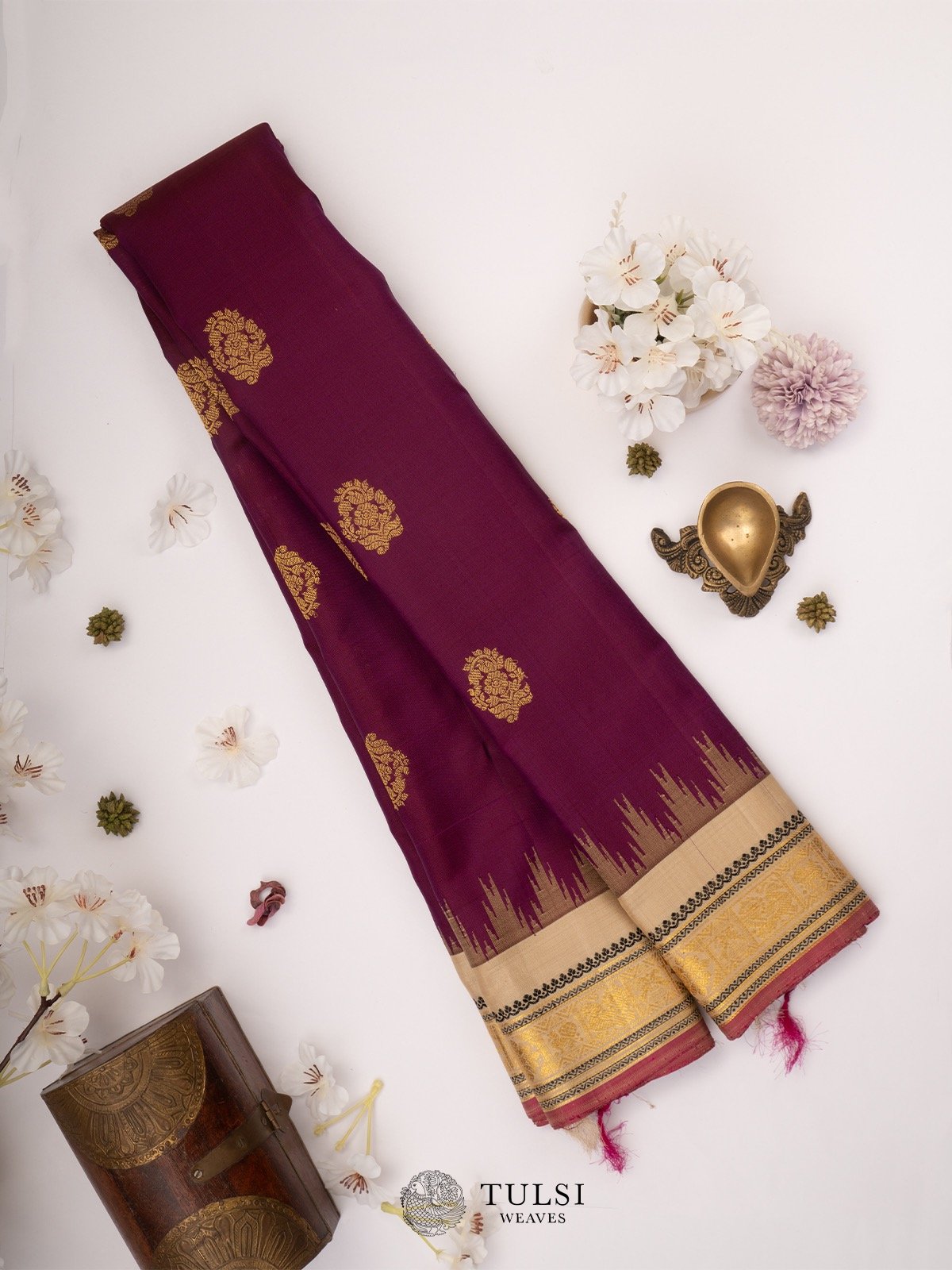 Purple Gadwal Silk Saree with beige border