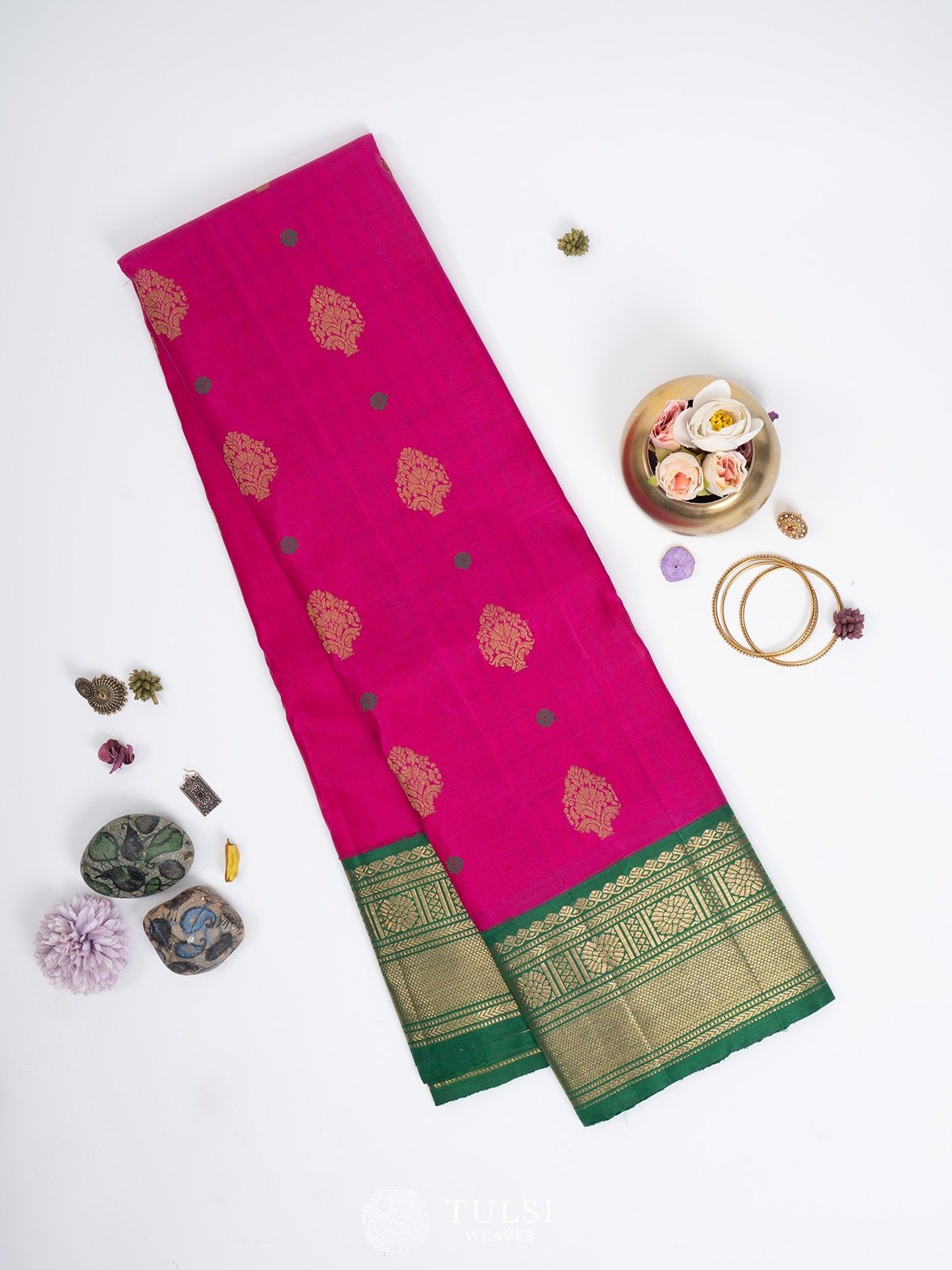 Rani Pink Kanjeevaram Silk Saree with Green Korvai Border