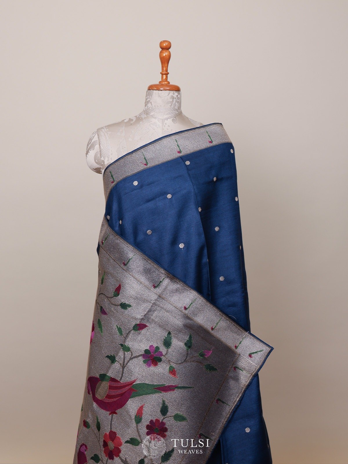 Navy Blue Tussar Paithani Embroidery Saree